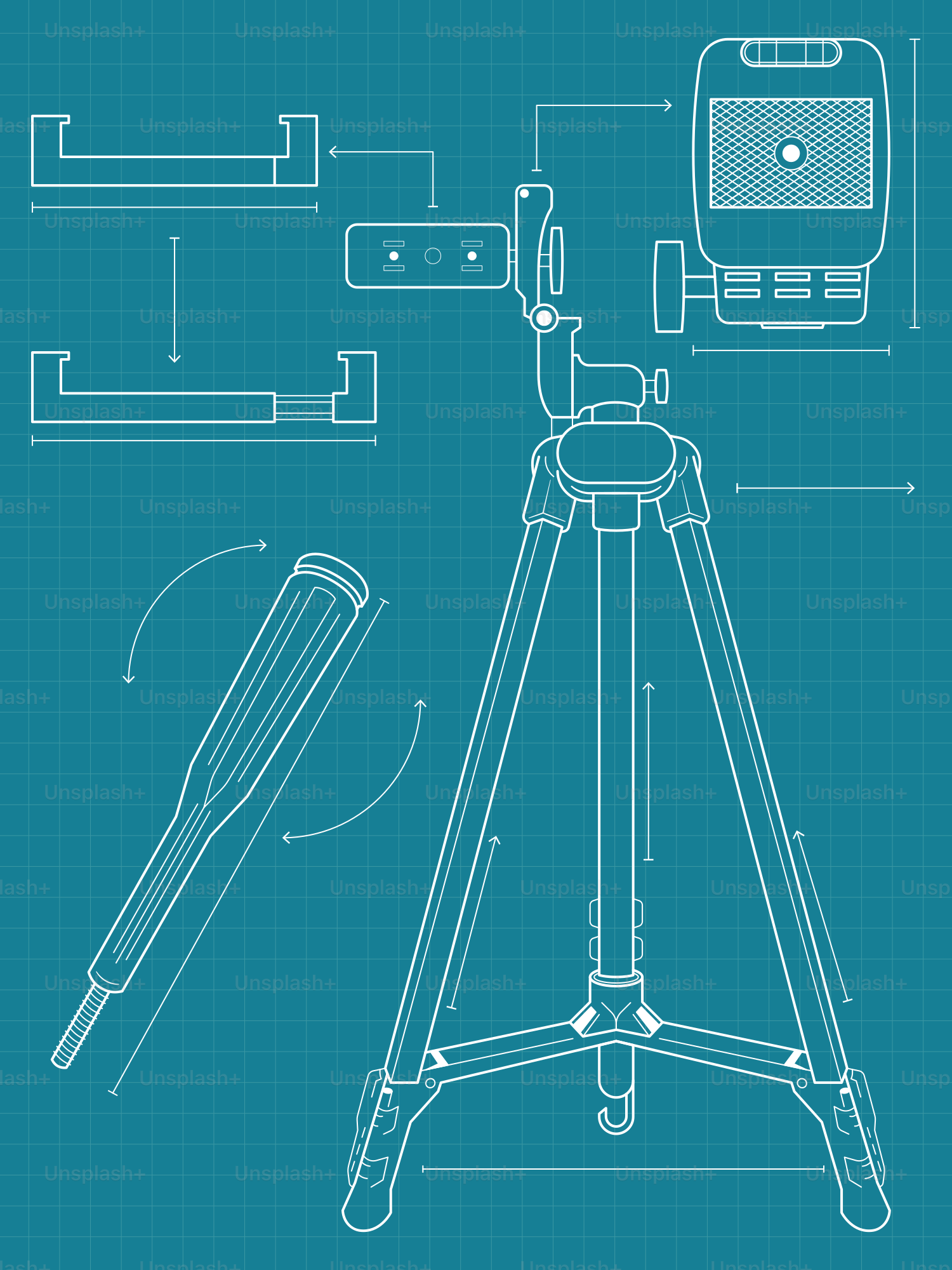 Blueprint diagram of a camera tripod and accessories