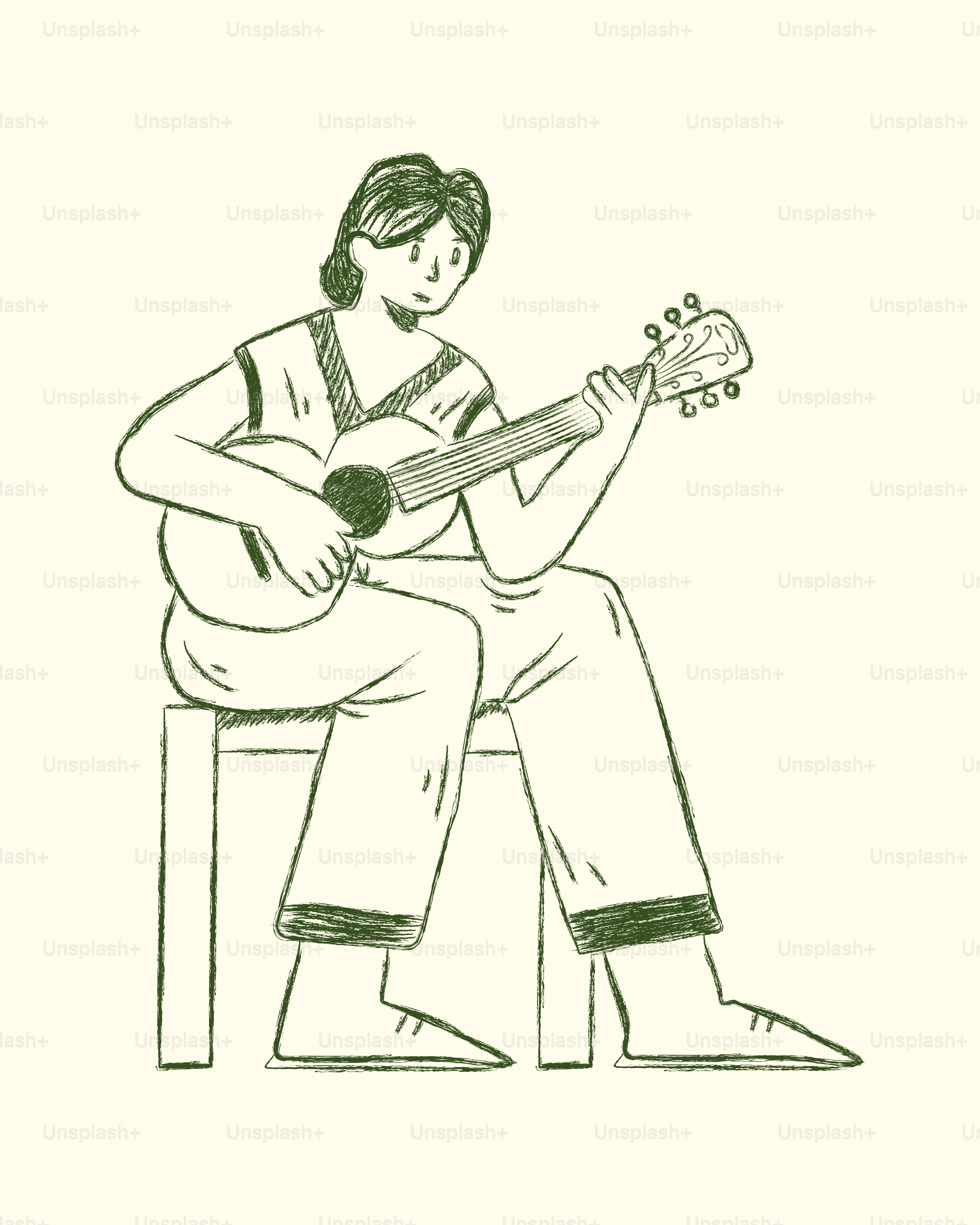 Persona tocando la guitarra acústica mientras está sentada en un taburete