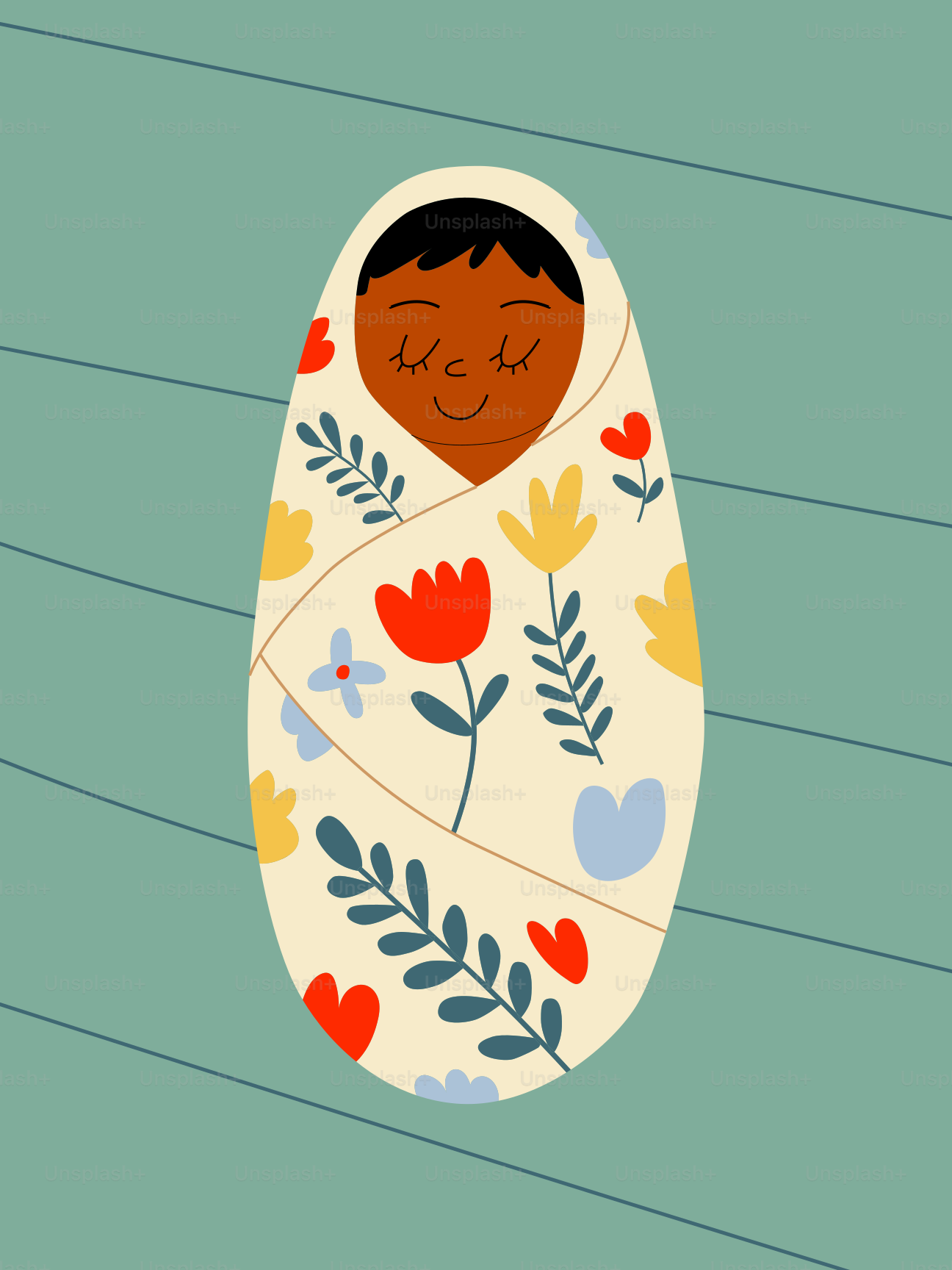 A baby wrapped in a floral blanket with eyes closed.
