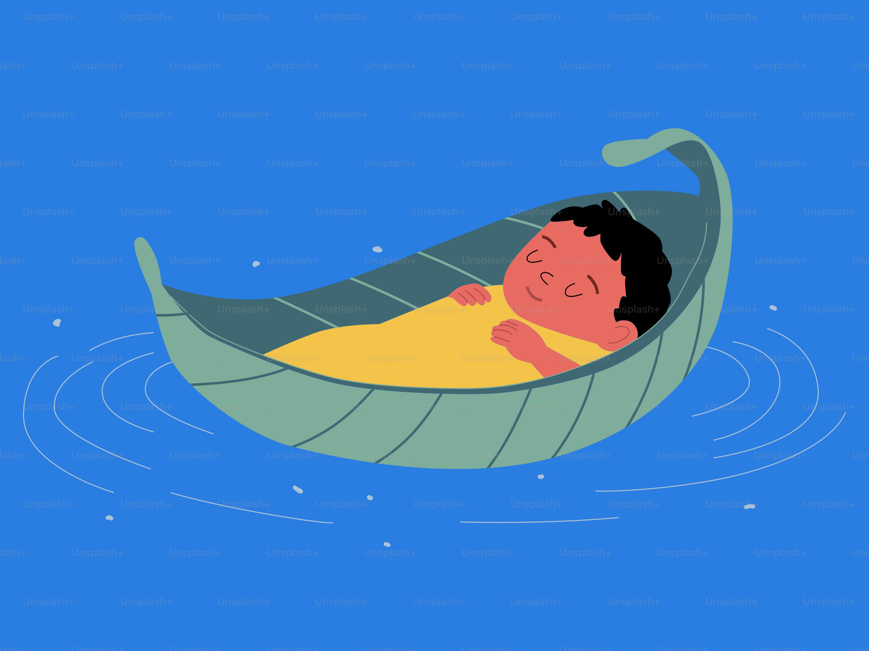 Seorang bayi tidur nyenyak di perahu daun di atas air.