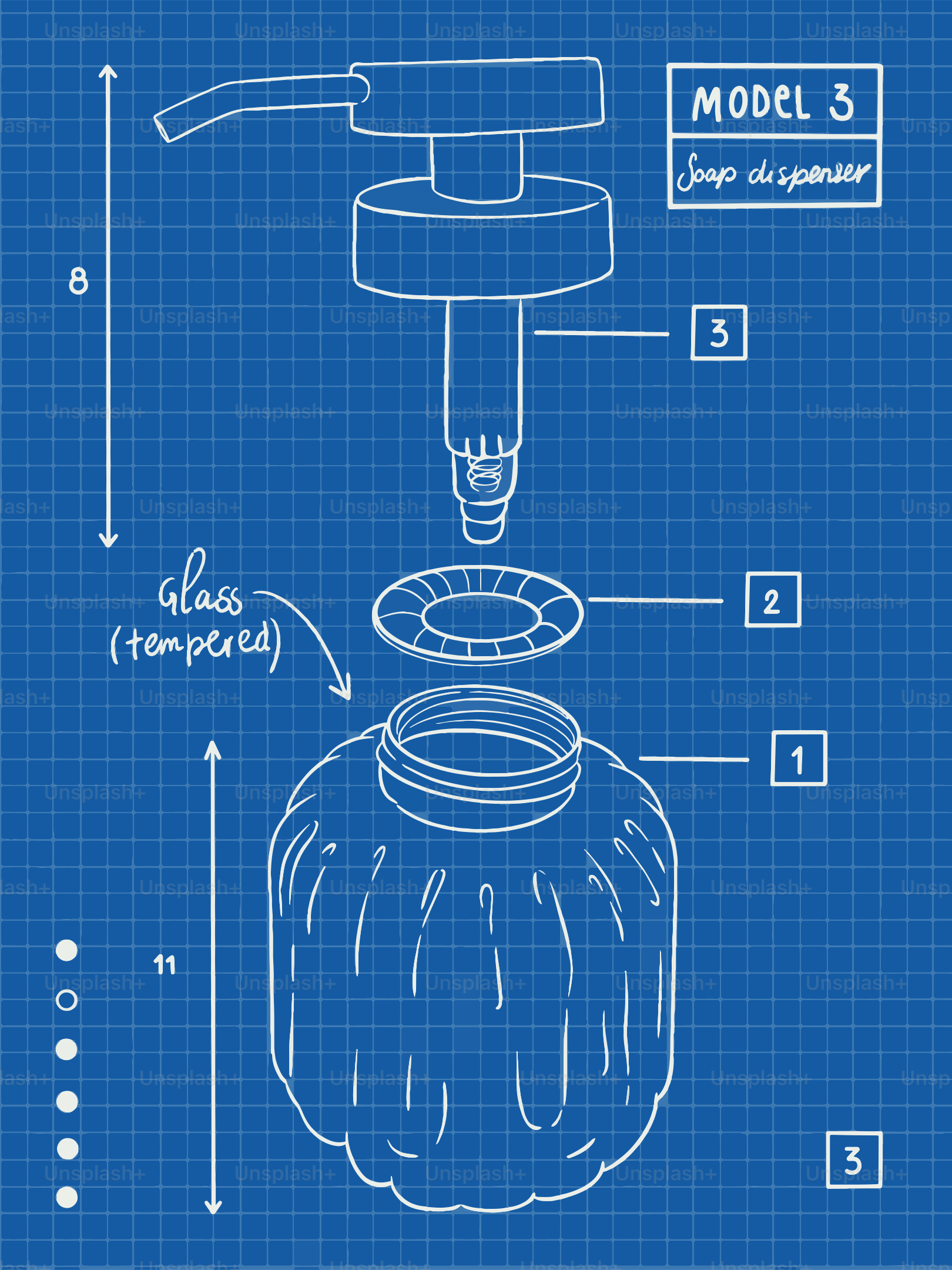 Blueprint of a glass soap dispenser, model 3