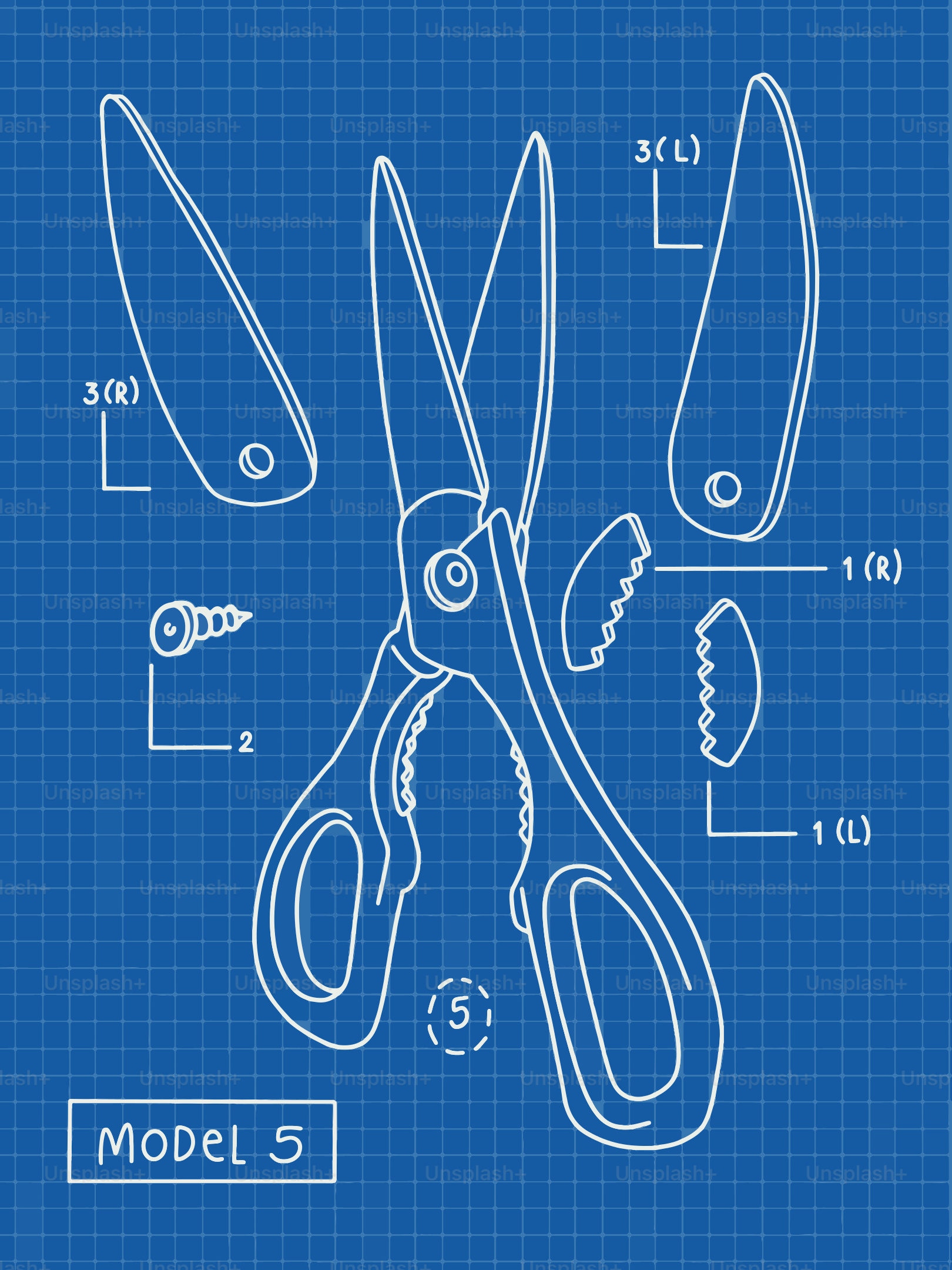 Blueprint of scissors with labeled parts