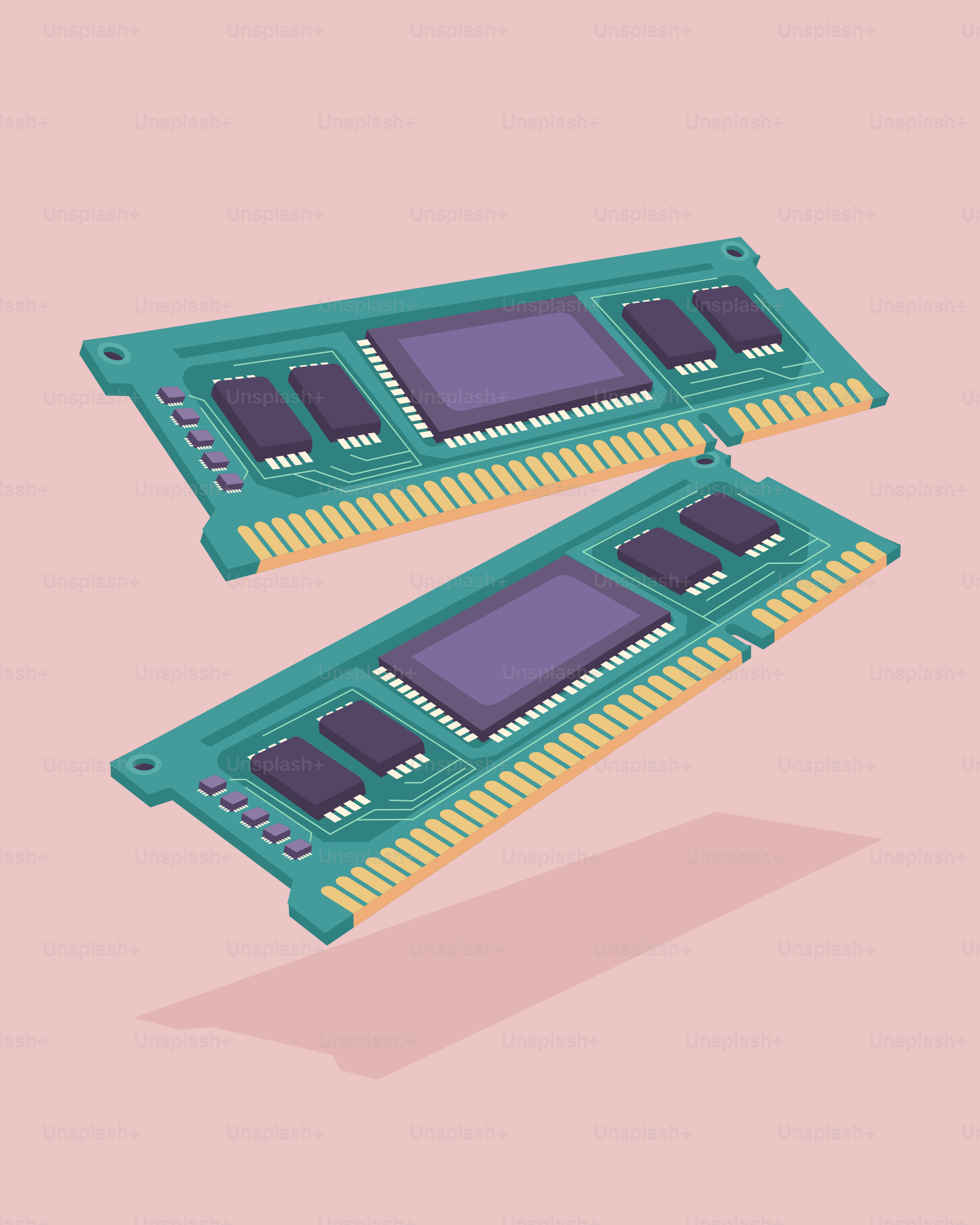 Due moduli RAM per computer su sfondo rosa