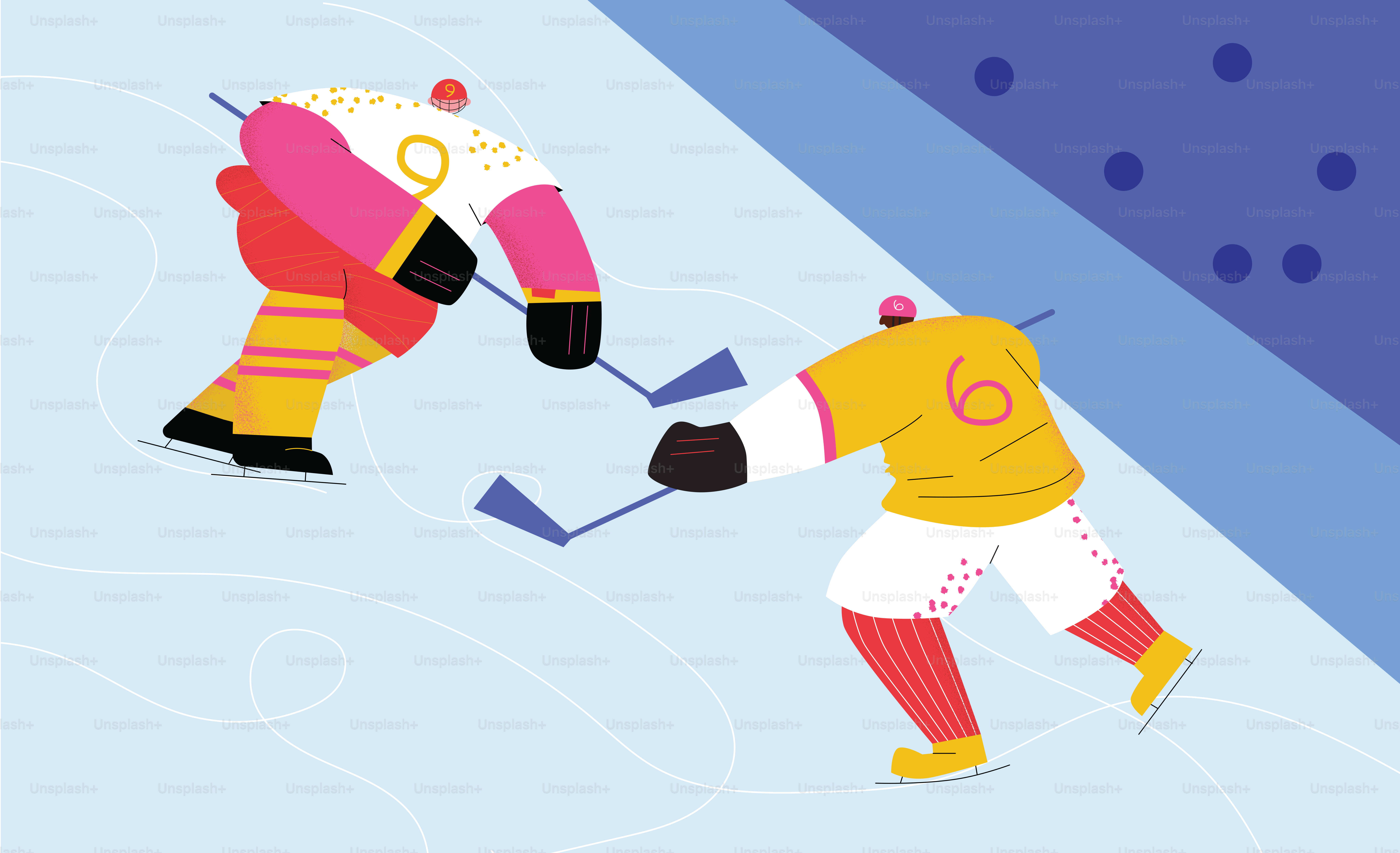 Two cartoon hockey players battling on ice