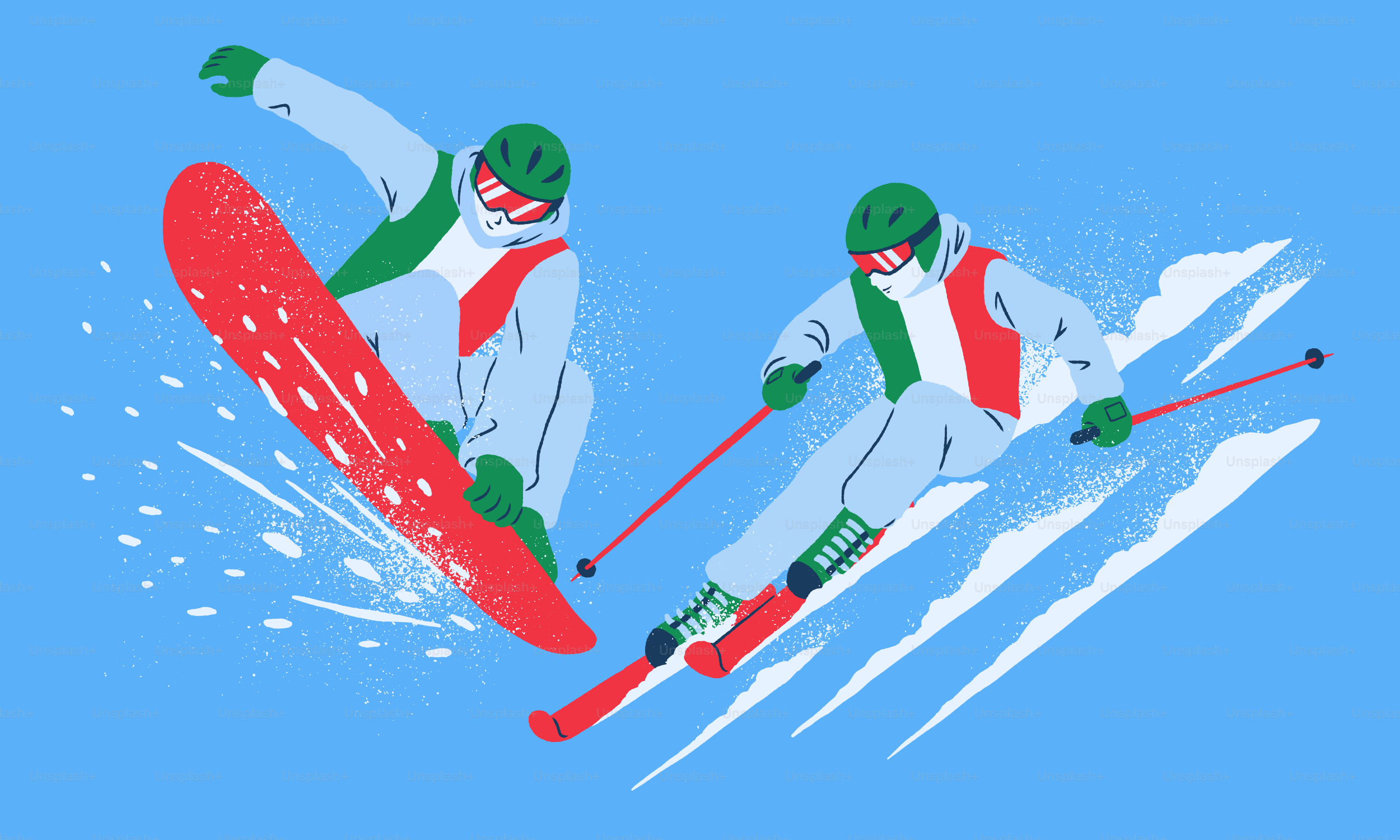 Two athletes snowboarding and skiing down a slope