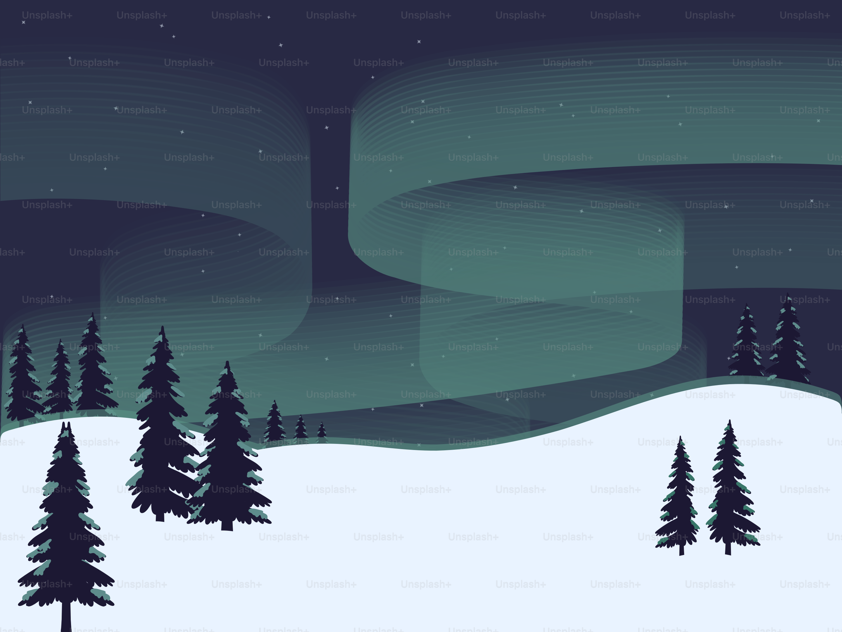 Aurora borealis over a snowy forest landscape