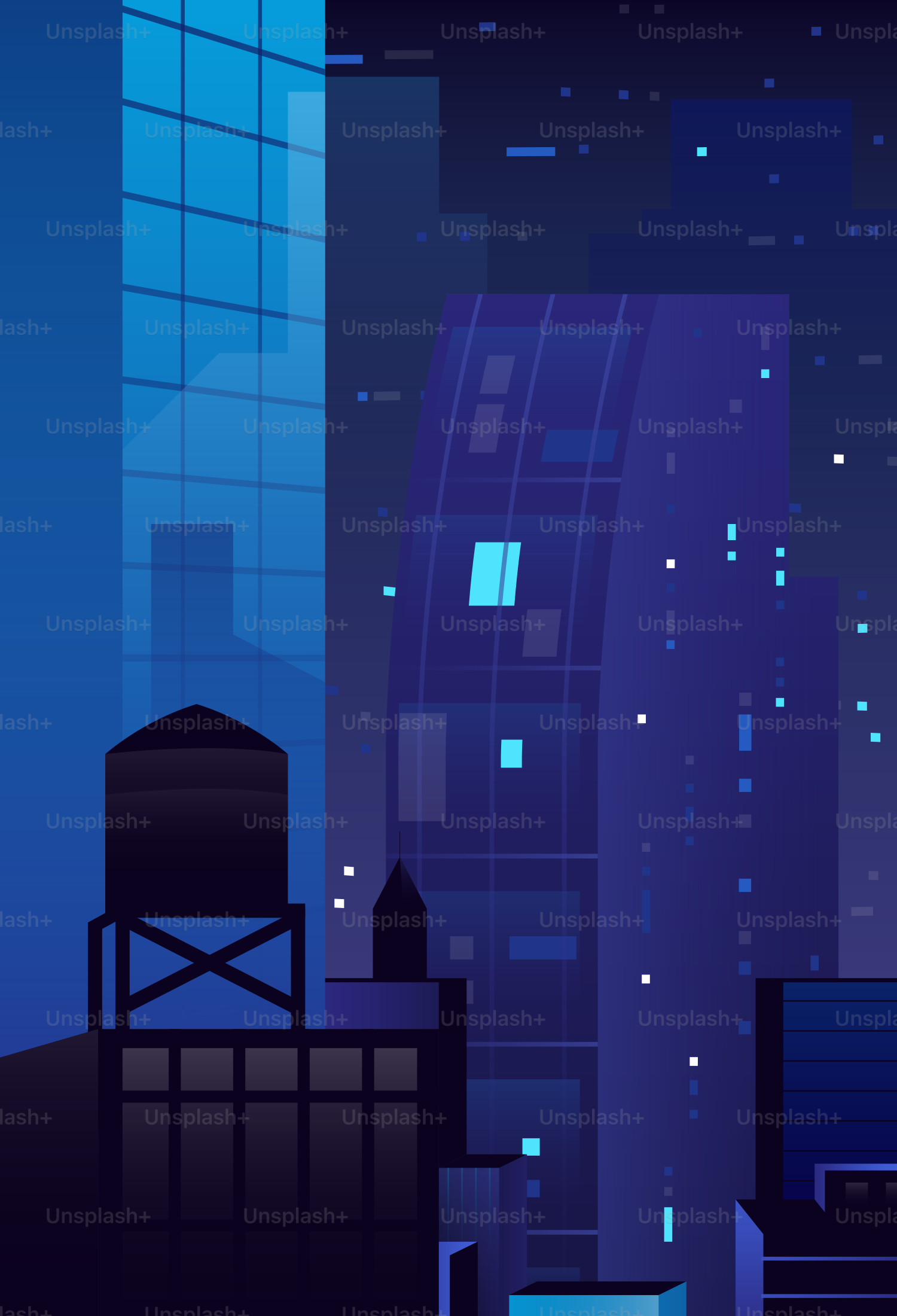 Modern city skyline at night with glowing windows.