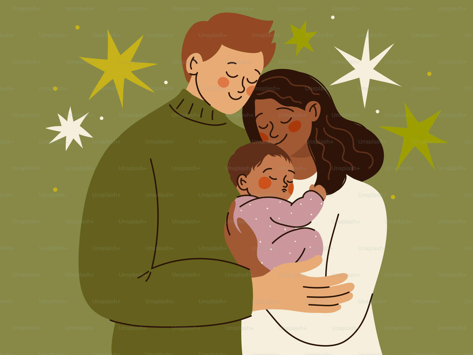 Eine liebevolle Familie mit einem Baby und Sternen