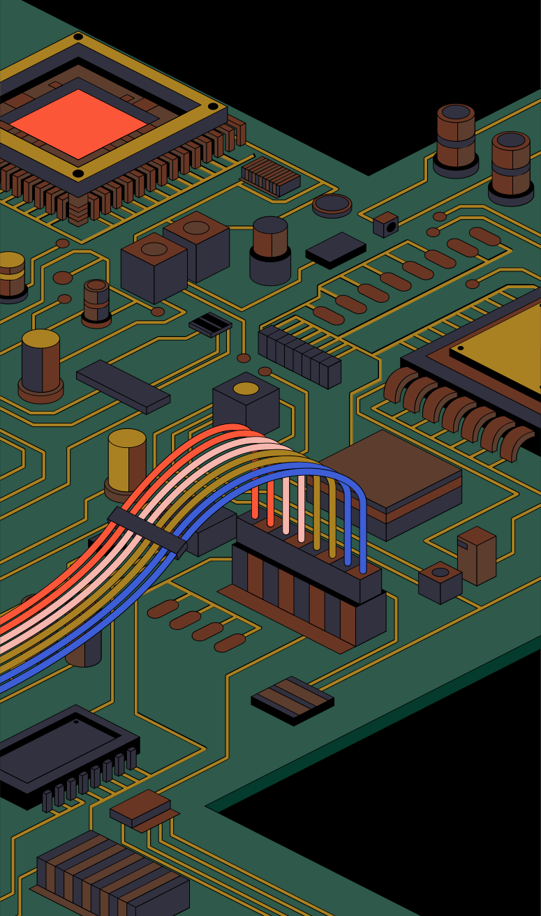 Close-up of a colorful cable connecting to a circuit board.
