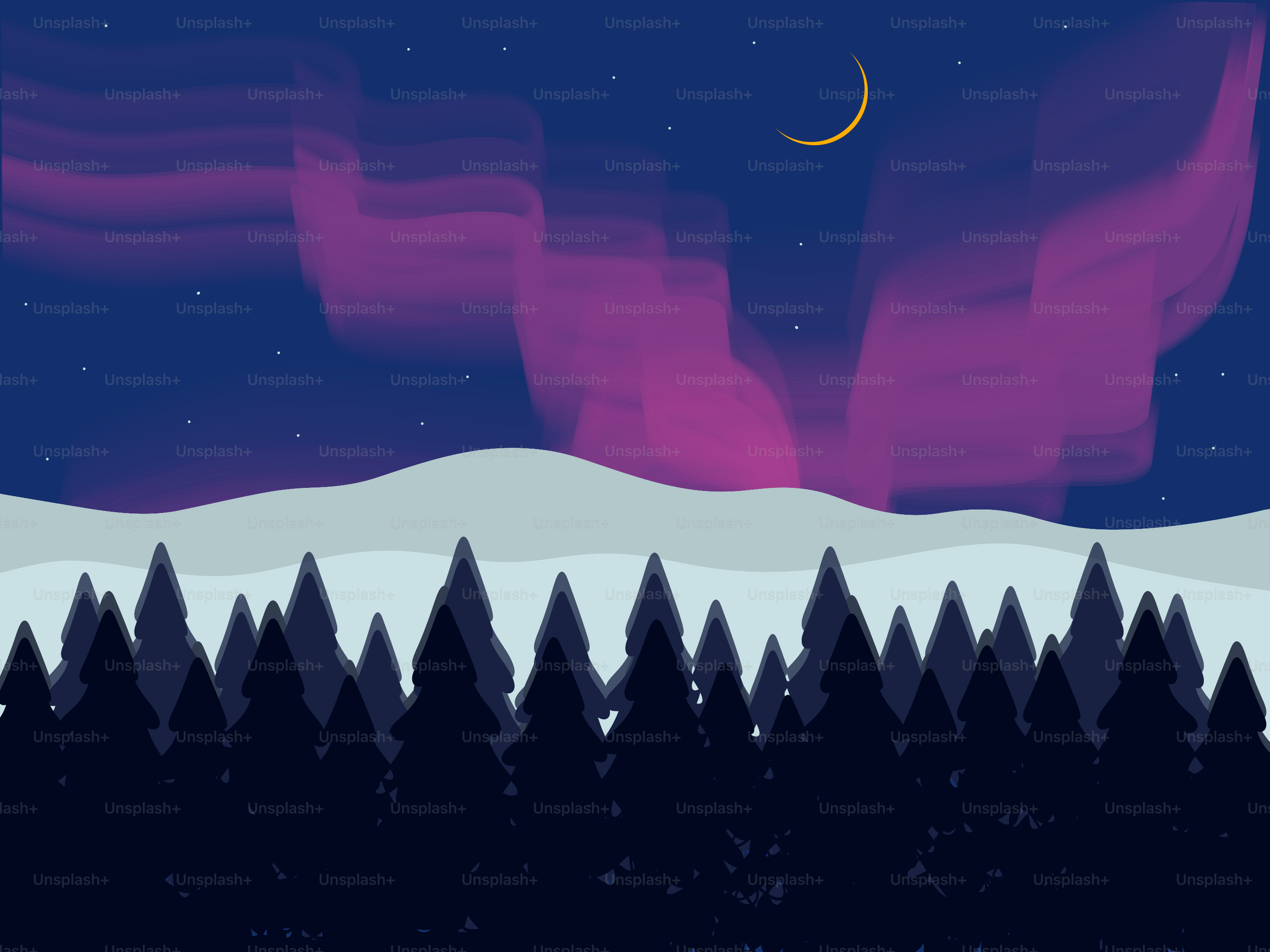 Aurora boreale viola su colline e alberi coperti di neve