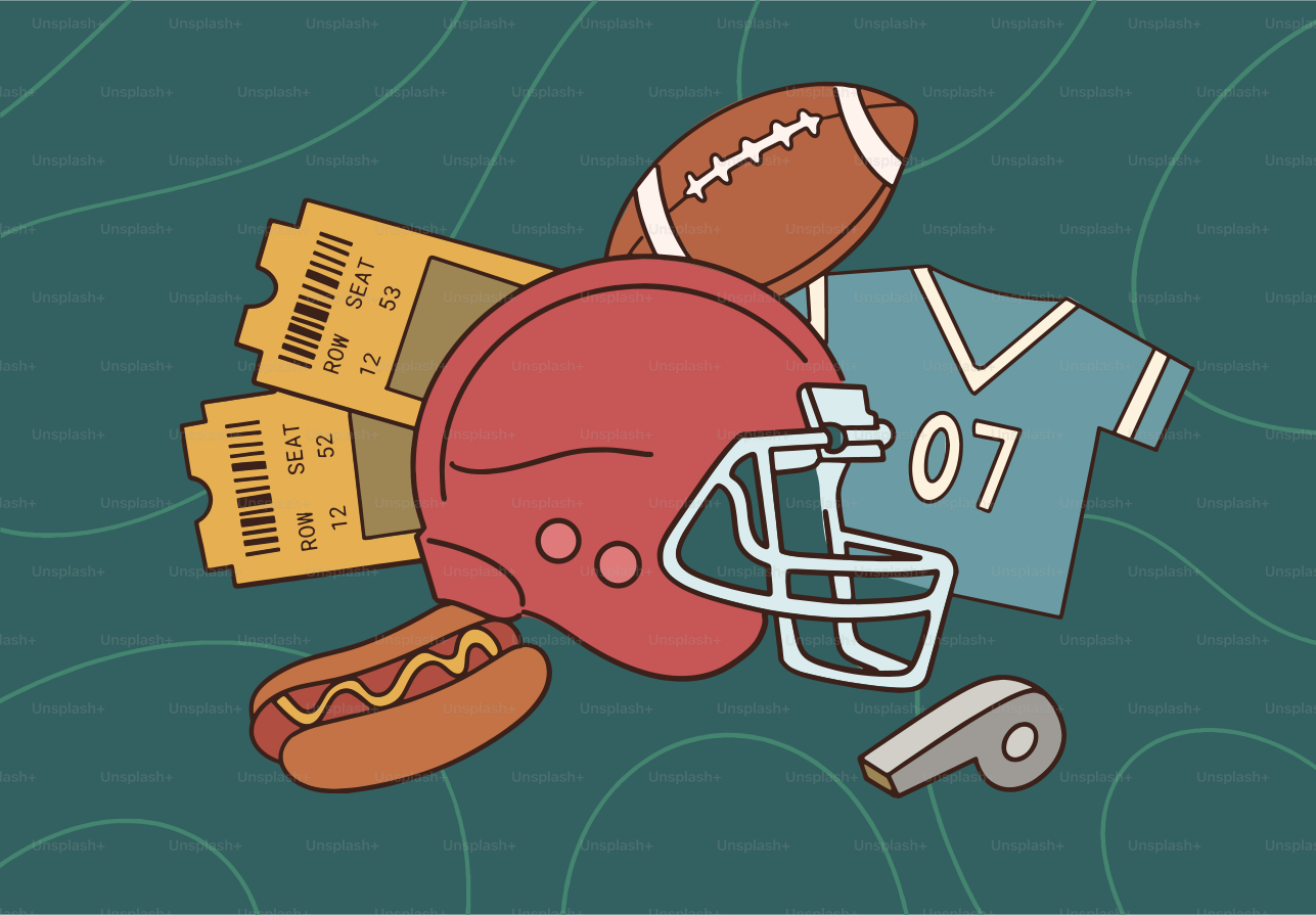 American football game essentials: helmet, jersey, tickets, hot dog, whistle.