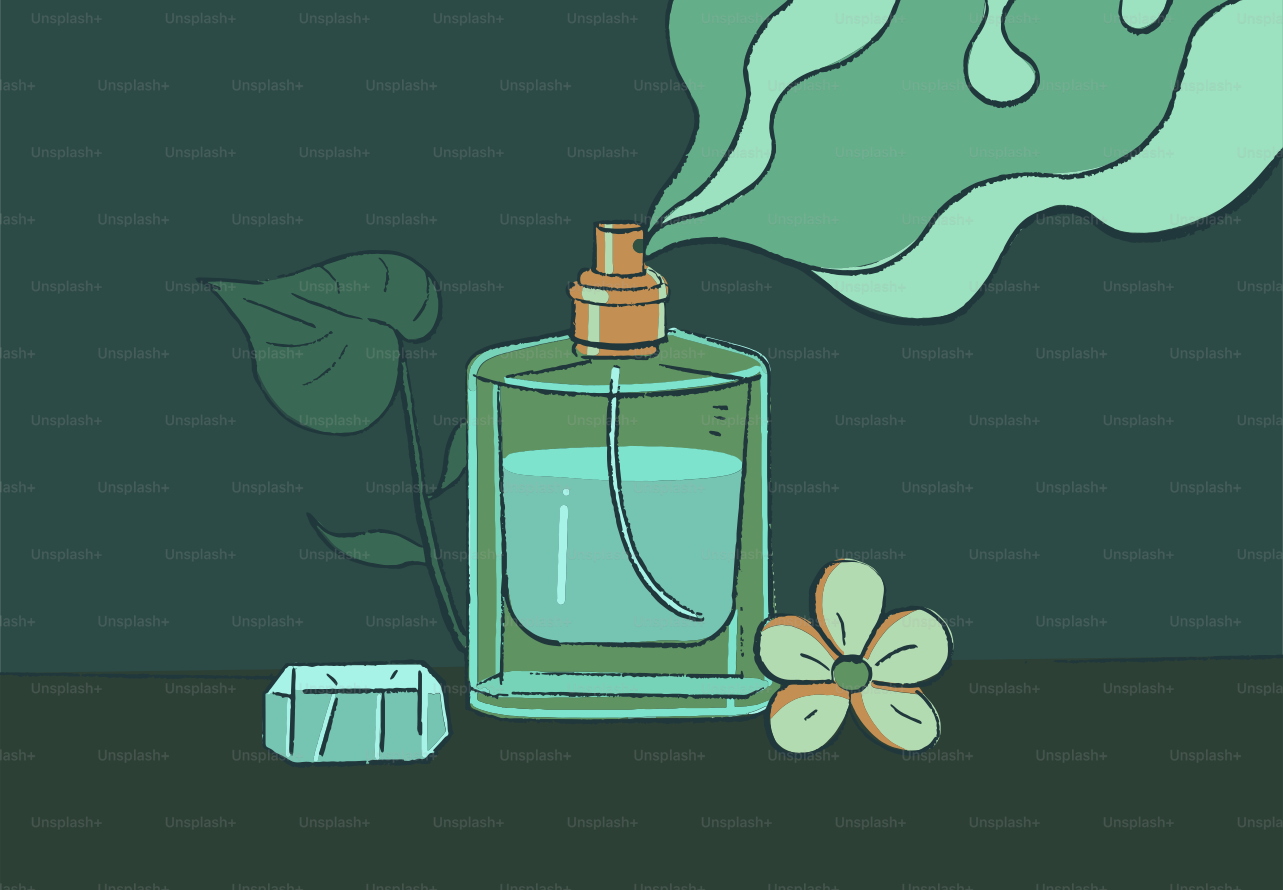 A bottle of perfume with a flower and leaves.