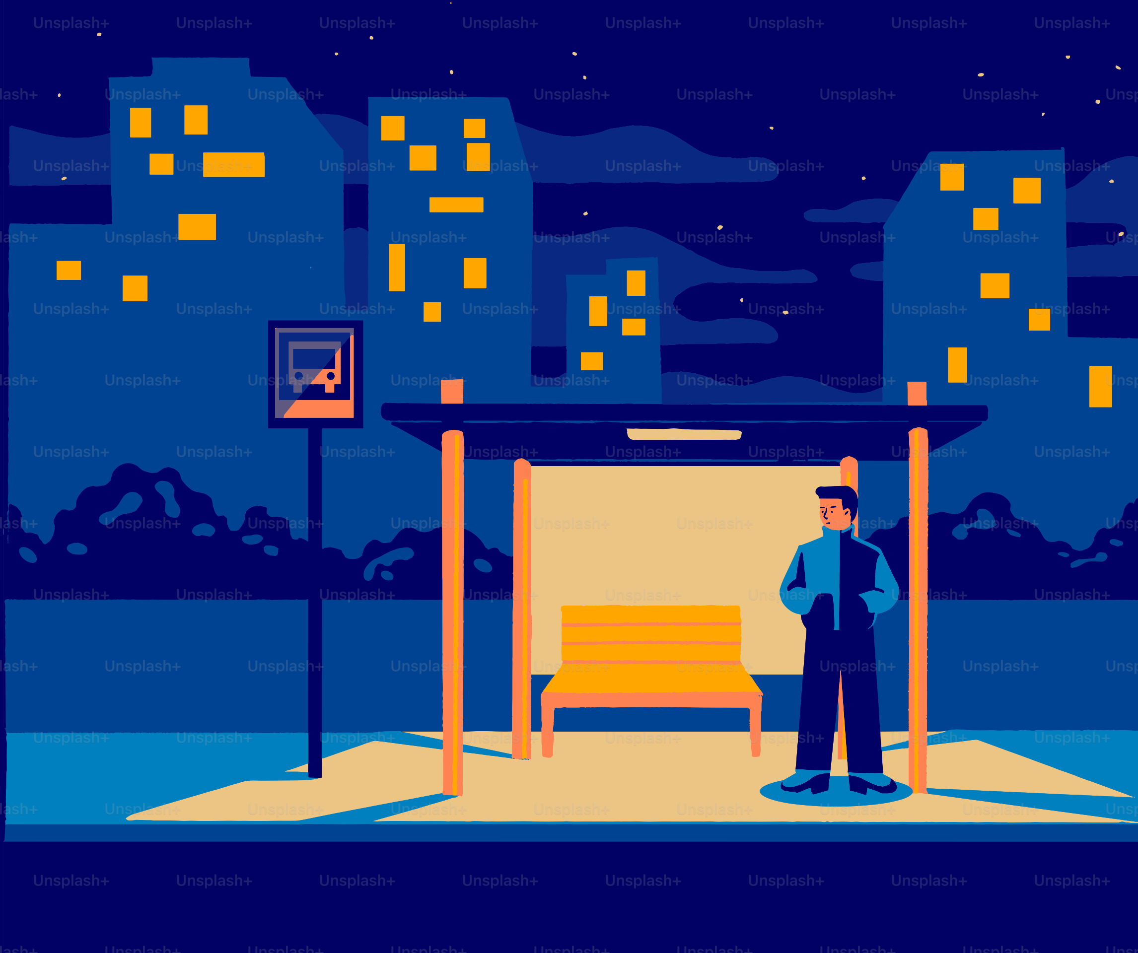Man waiting at a bus stop at night