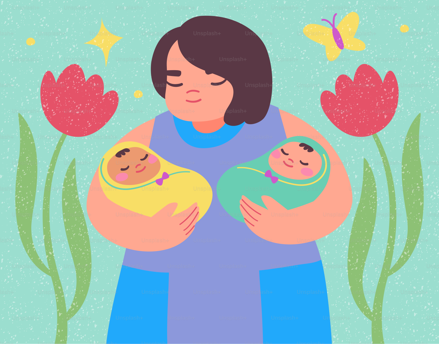Mother holding two sleeping babies with flowers and butterfly