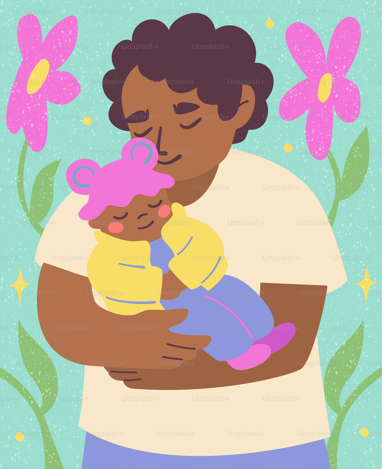 Parent holding a sleeping baby with flowers