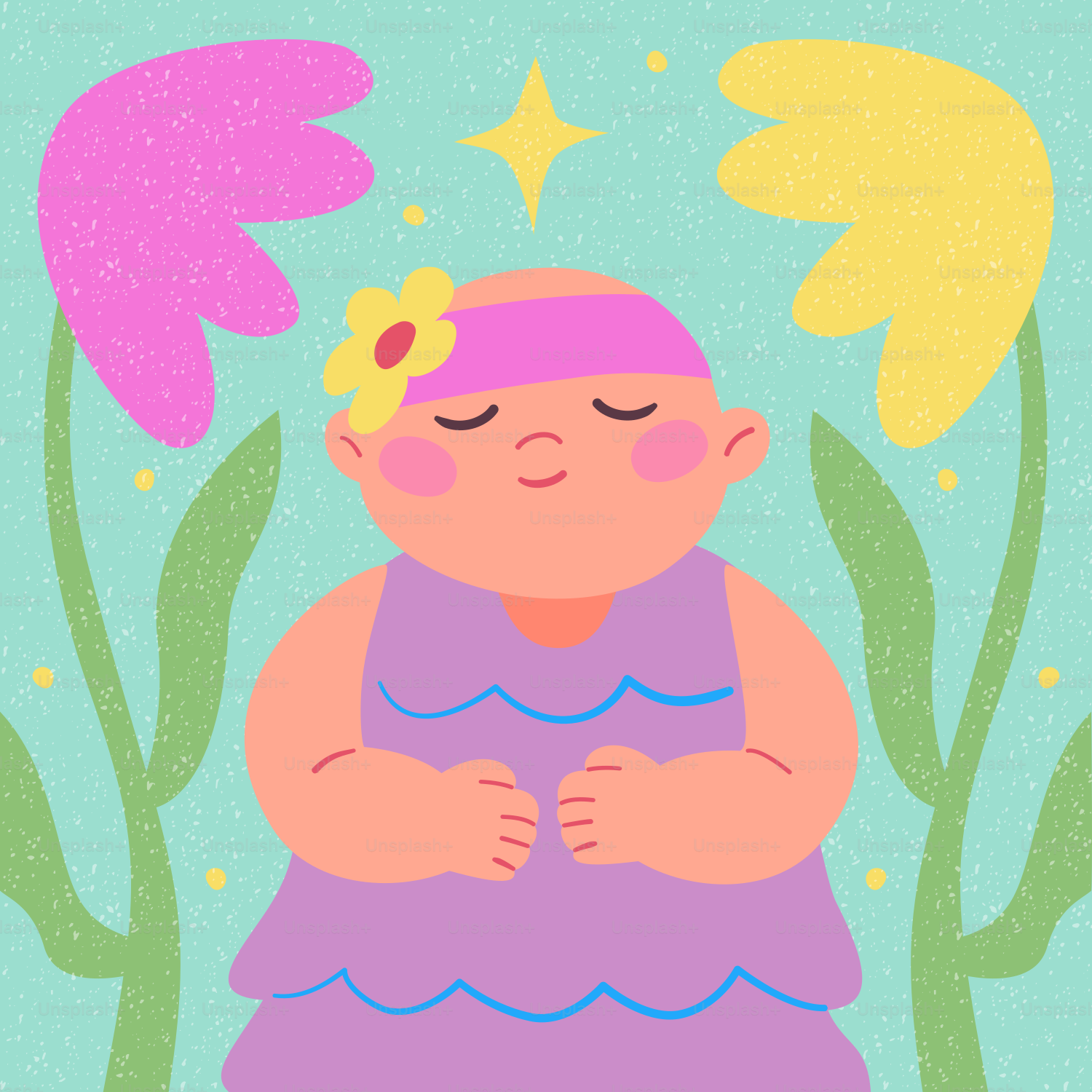 Un enfant les yeux fermés entre deux grandes fleurs.