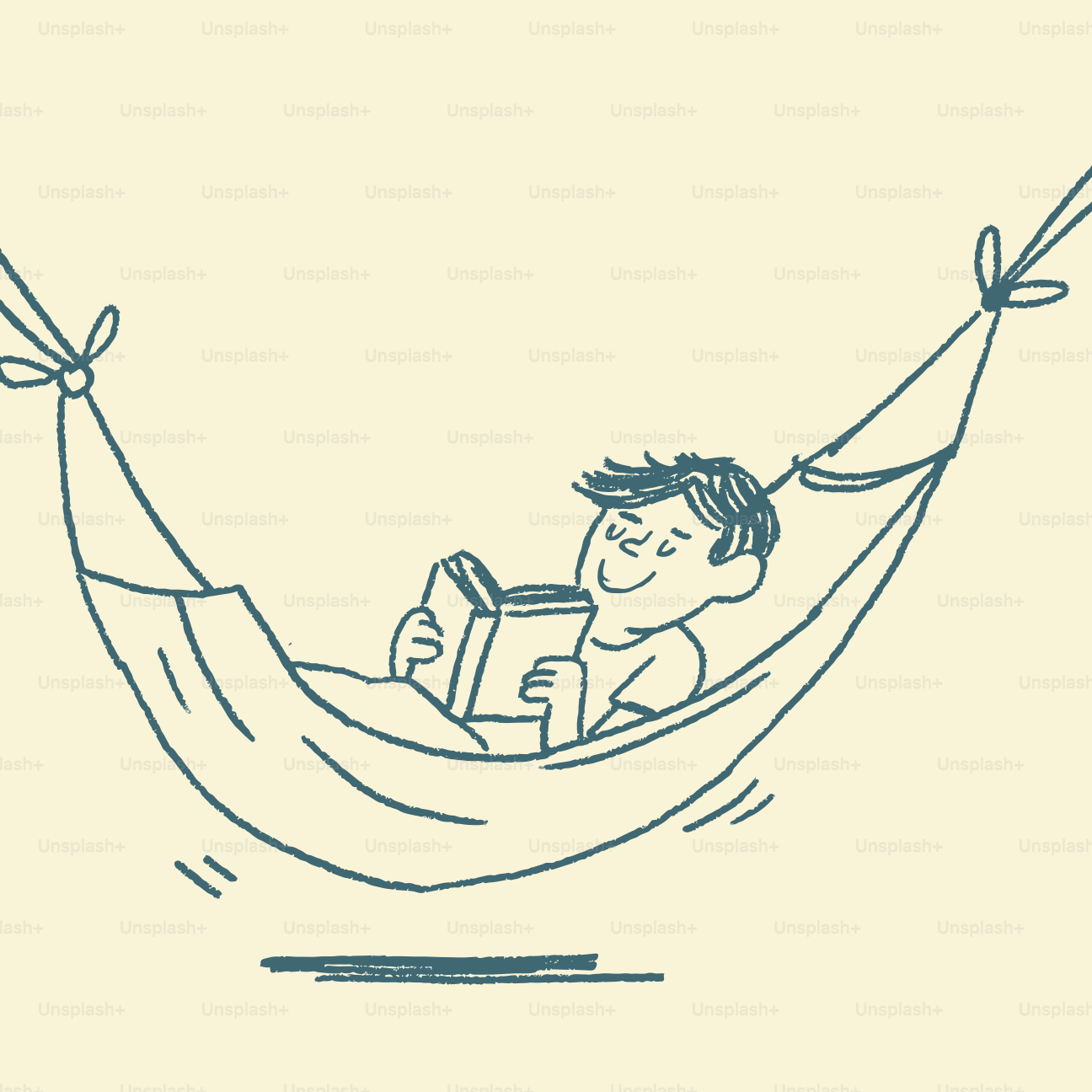 A boy reading a book while lying in a hammock.