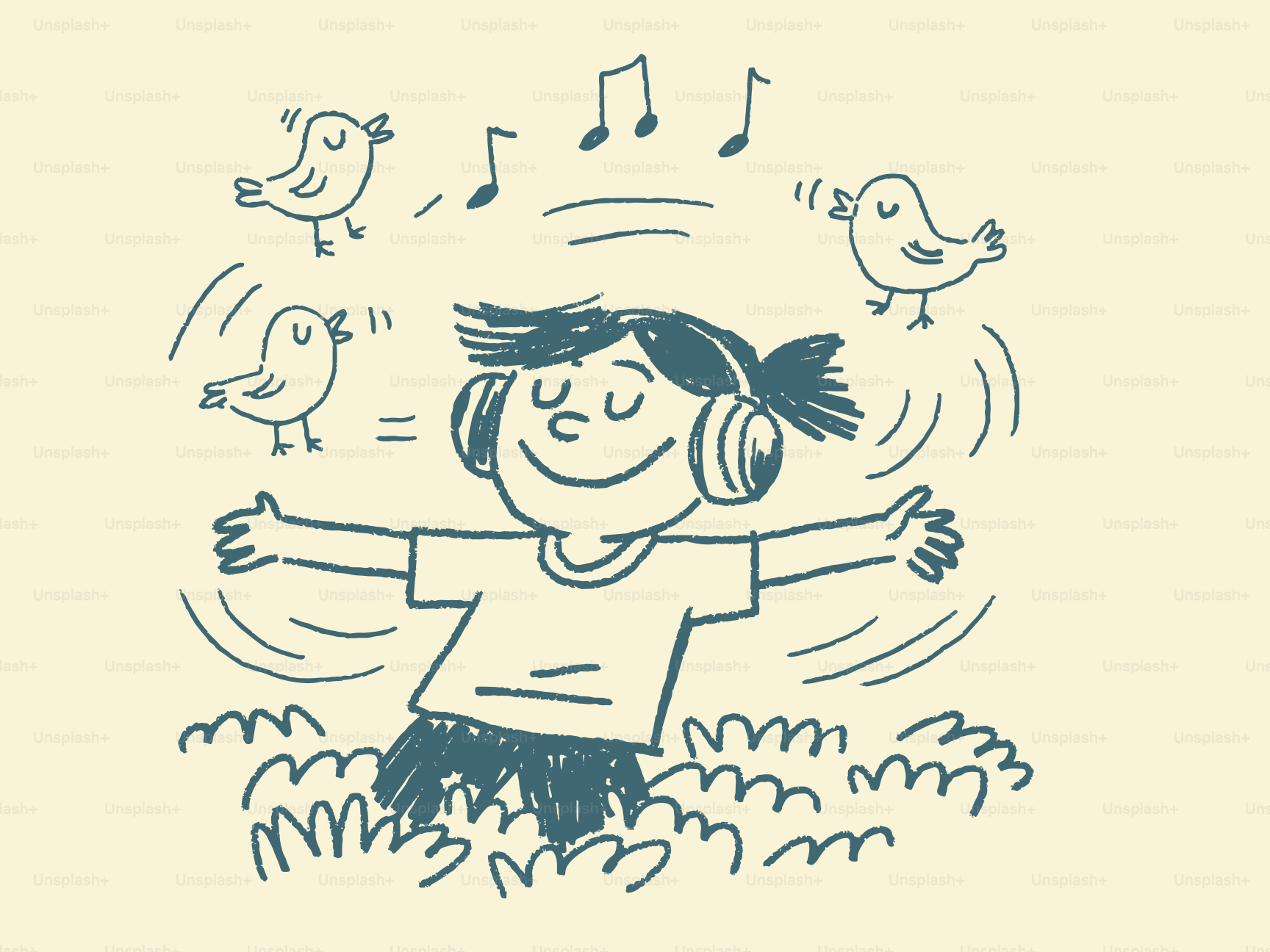 A child in headphones enjoys music with birds.