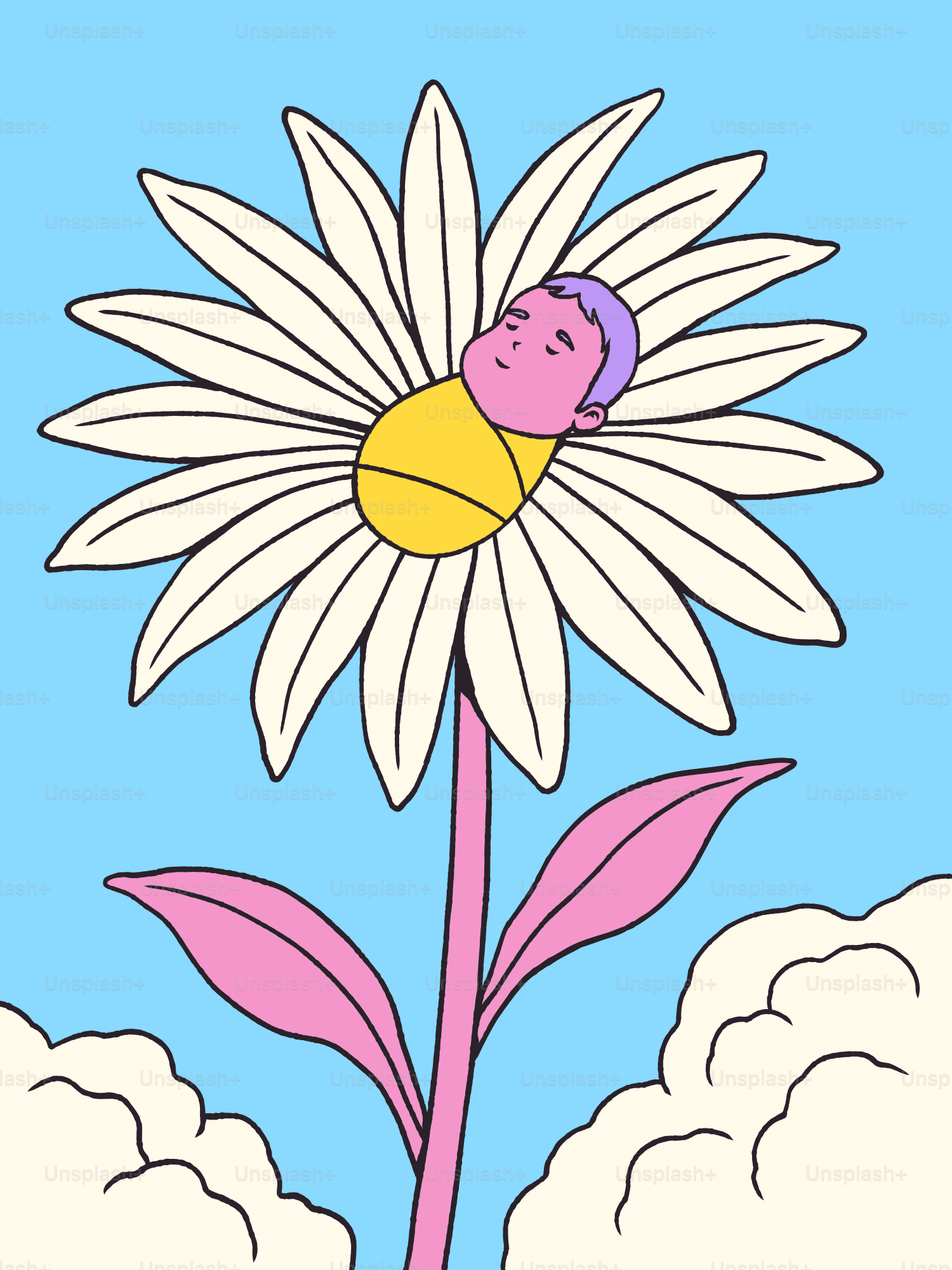 Baby sleeping in a large daisy flower. vector – Illustration Image on ...