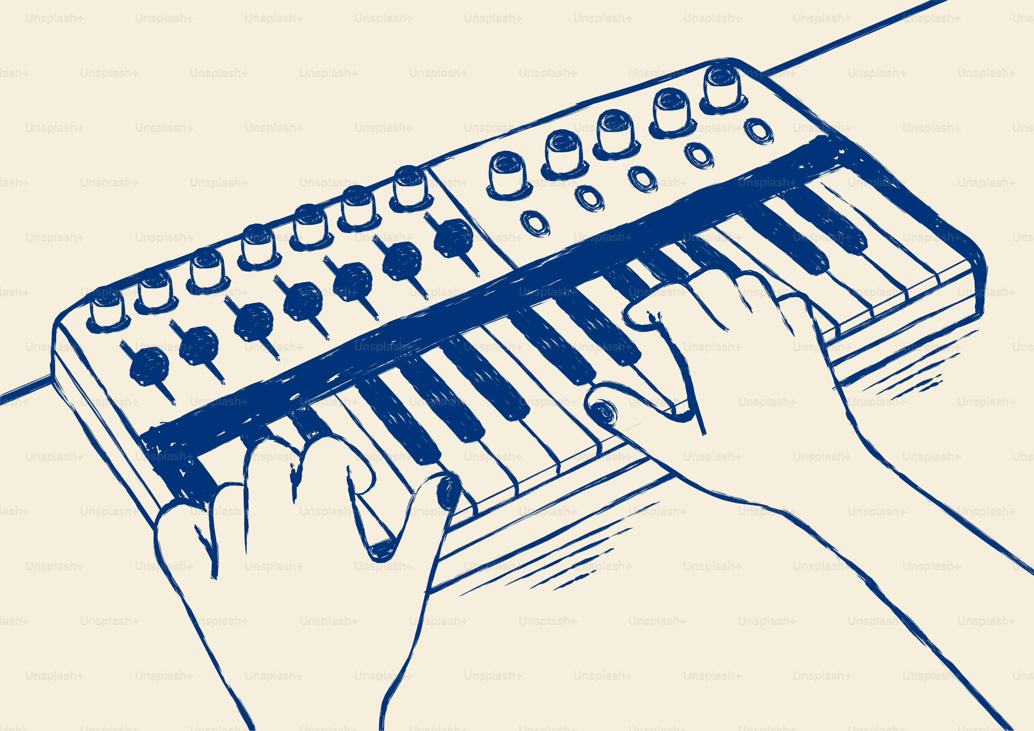 Hands playing a synthesizer with many knobs.