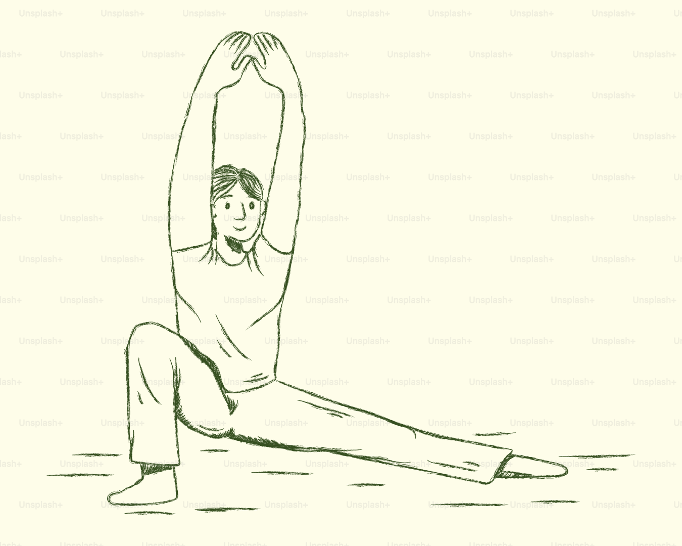 Man in a yoga pose with arms raised.