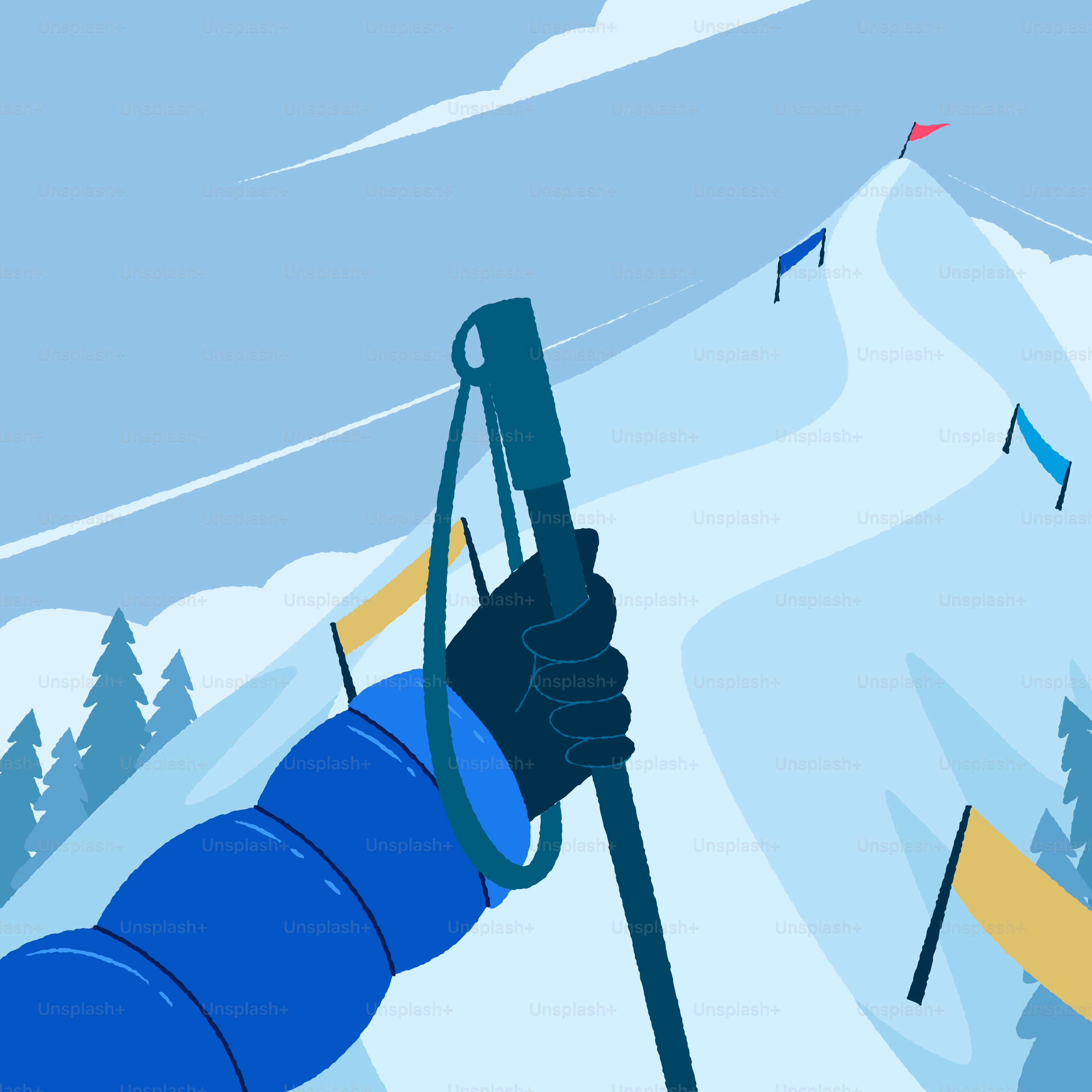 Climbing a snow-covered mountain with flags