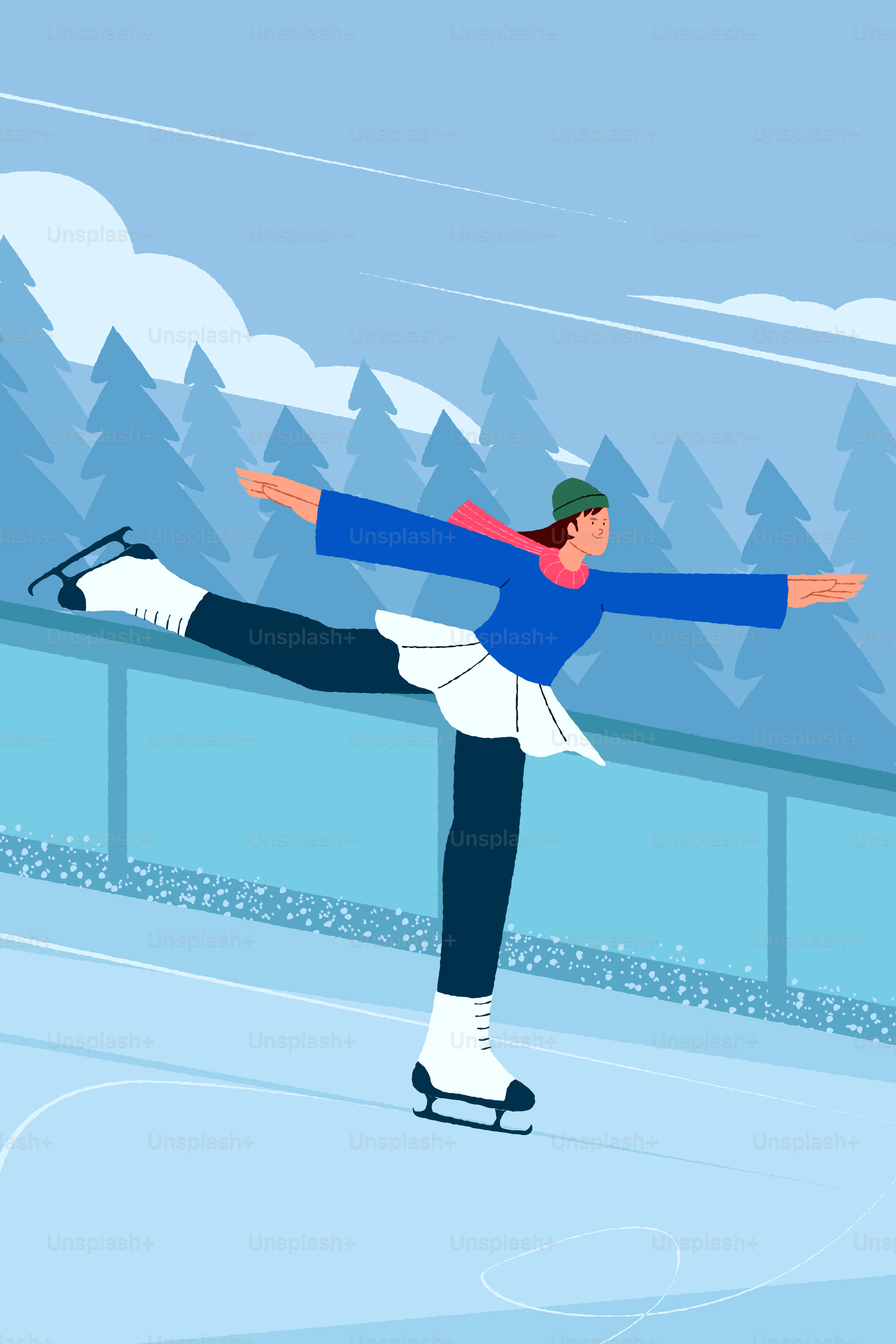 Woman ice skating on a frozen pond with trees