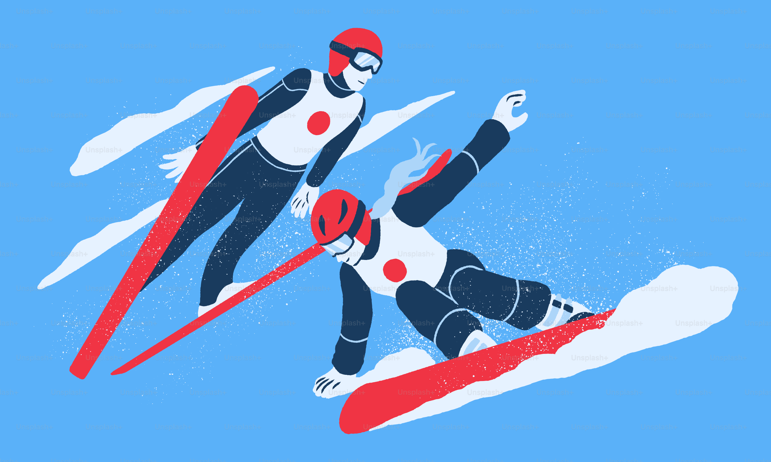 Two athletes ski jumping and snowboarding down hill snowboarding