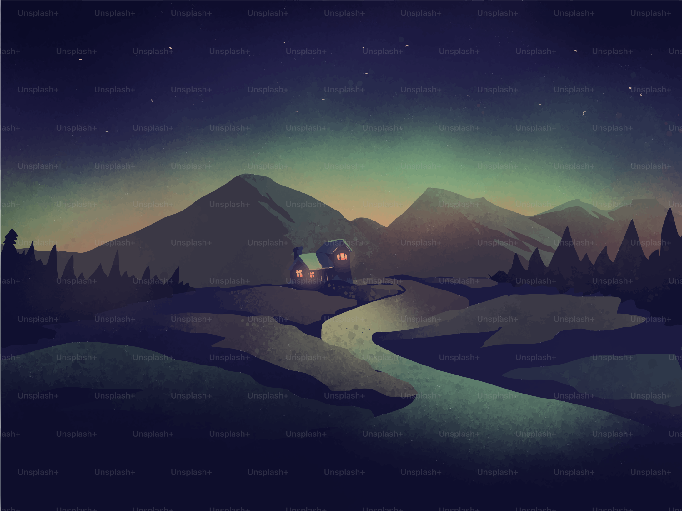 A cozy cabin nestled by mountains under a starry night.