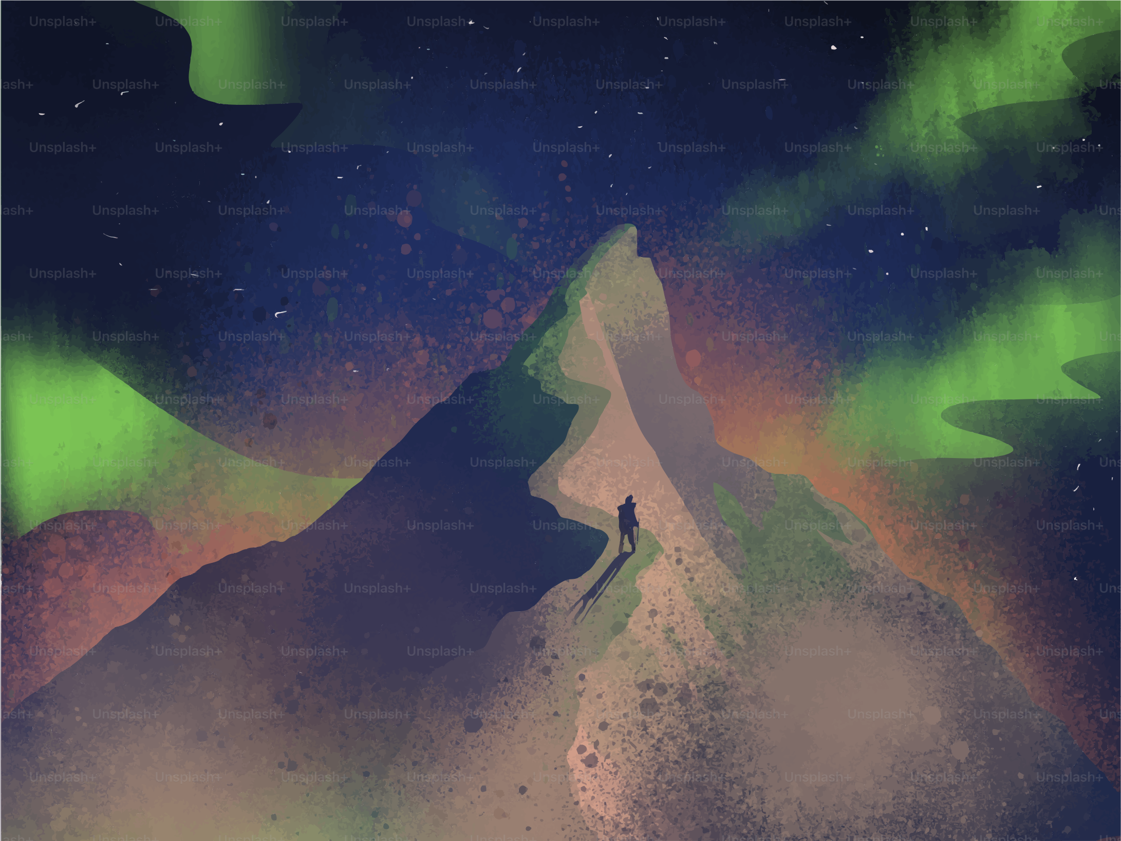 Person on mountain peak under aurora borealis