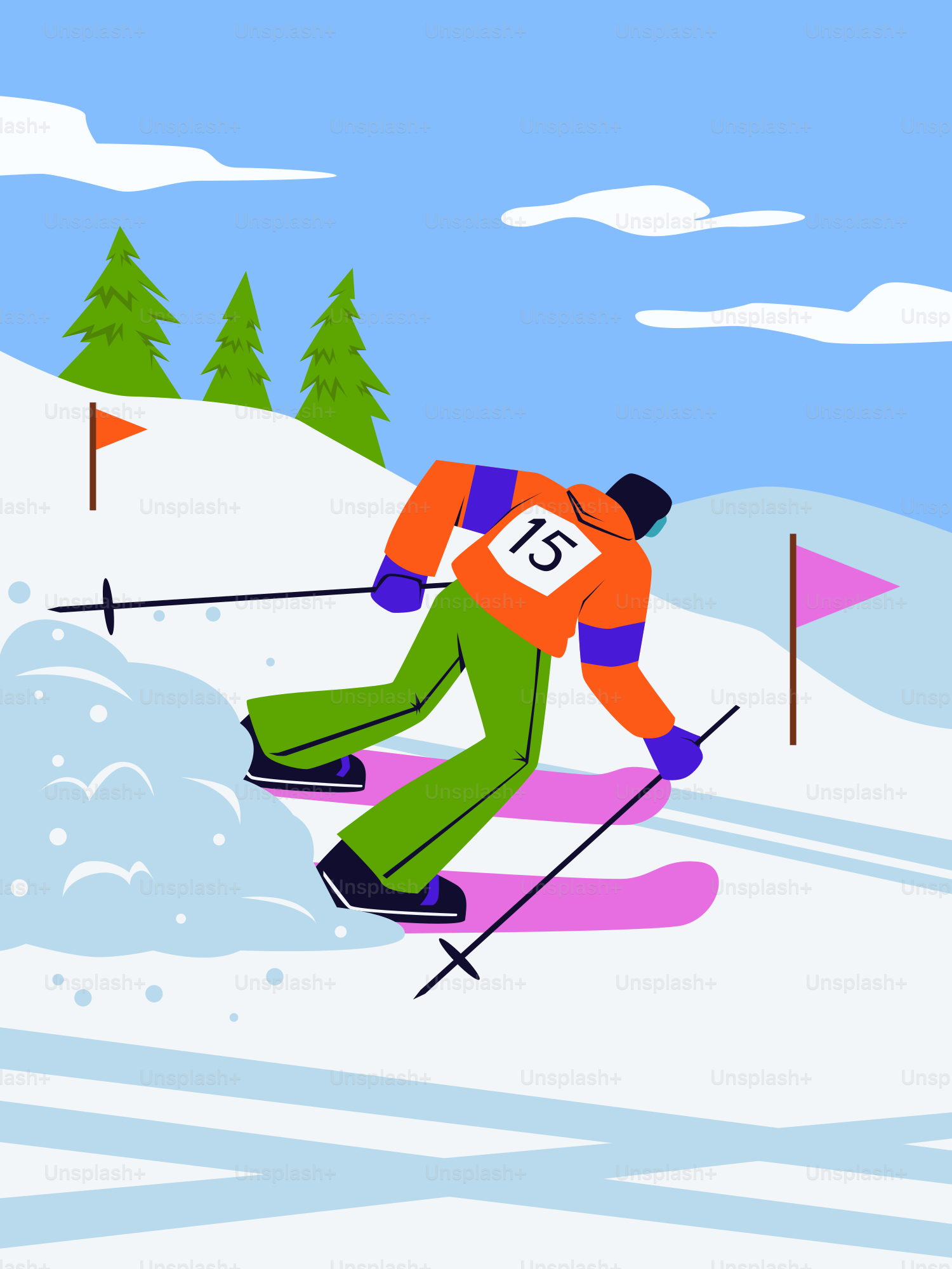 Un esquiador baja una ladera nevada con banderas.