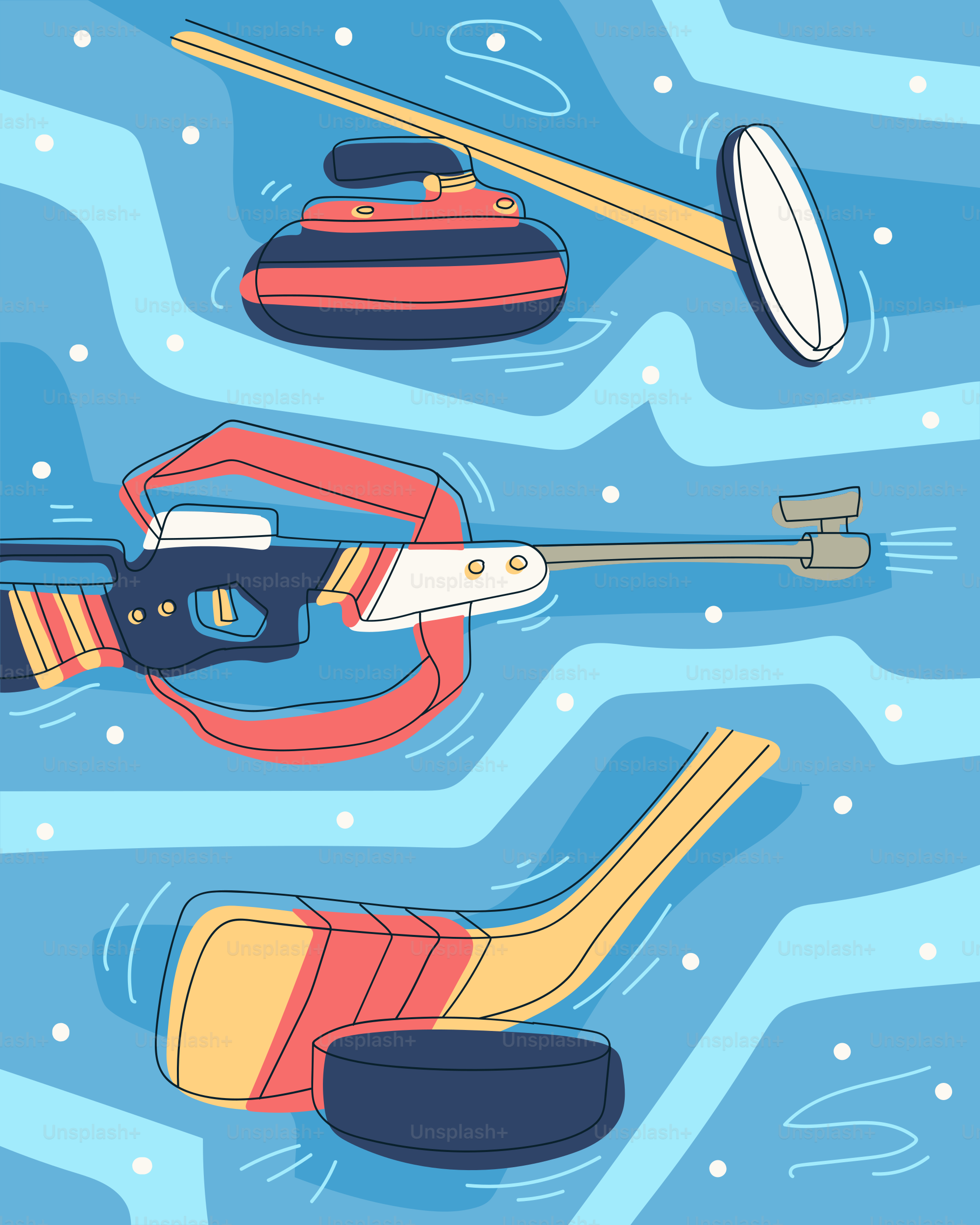Curlingstein, Gewehr und Hockeyschläger mit Puck.