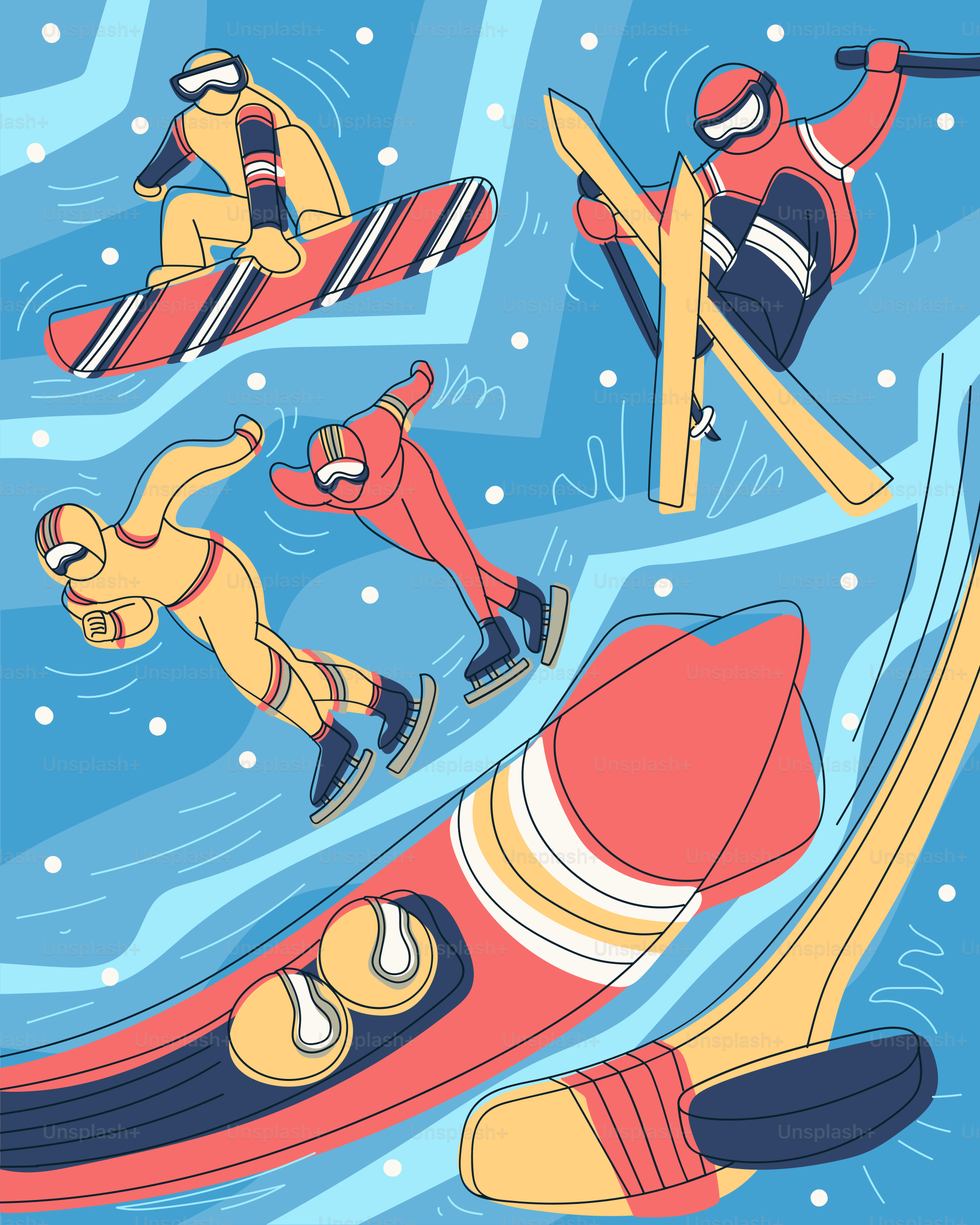 Winter sports athletes snowboarding, skiing, skating, and bobsledding.