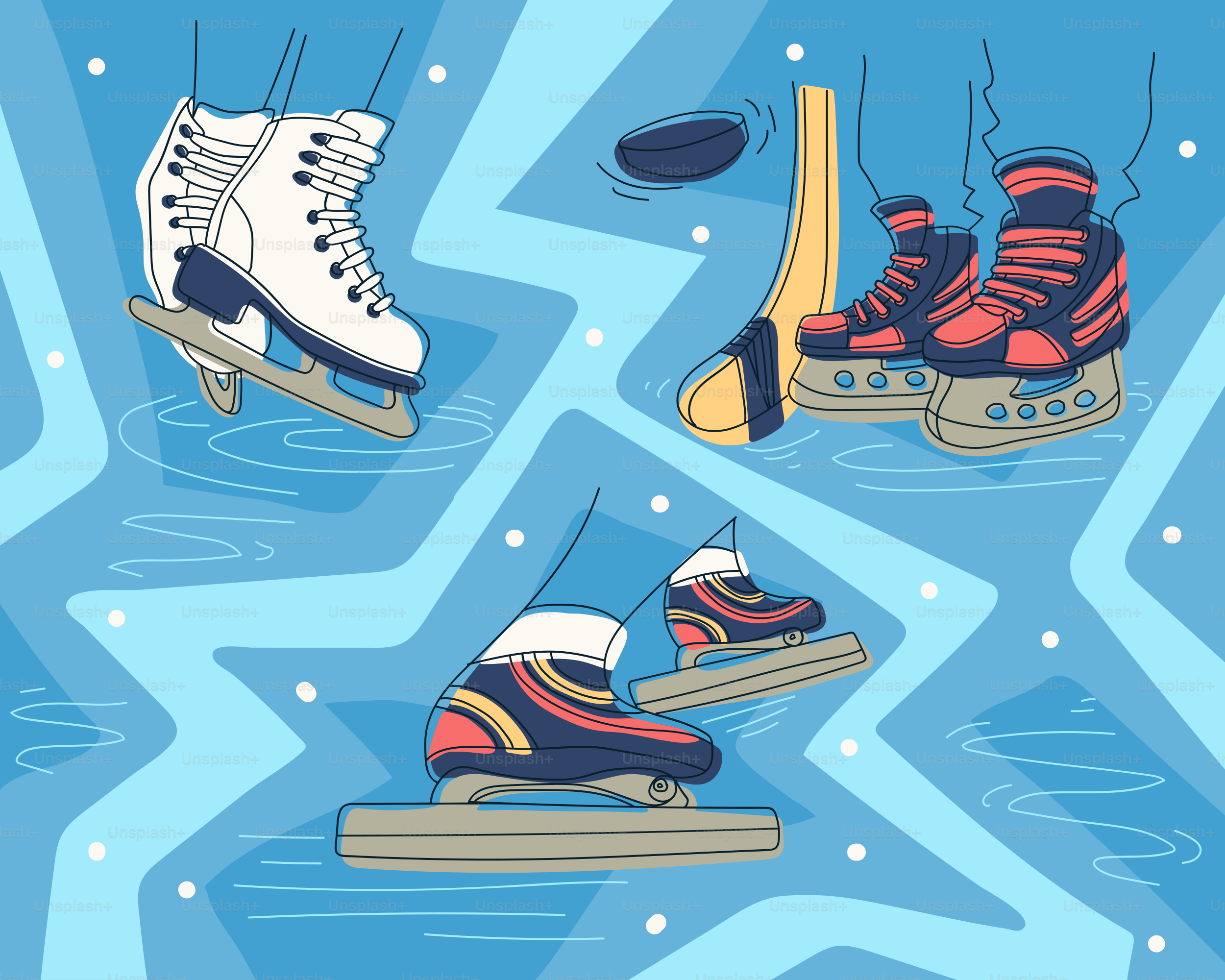 Patins à glace et matraque de hockey sur fond bleu