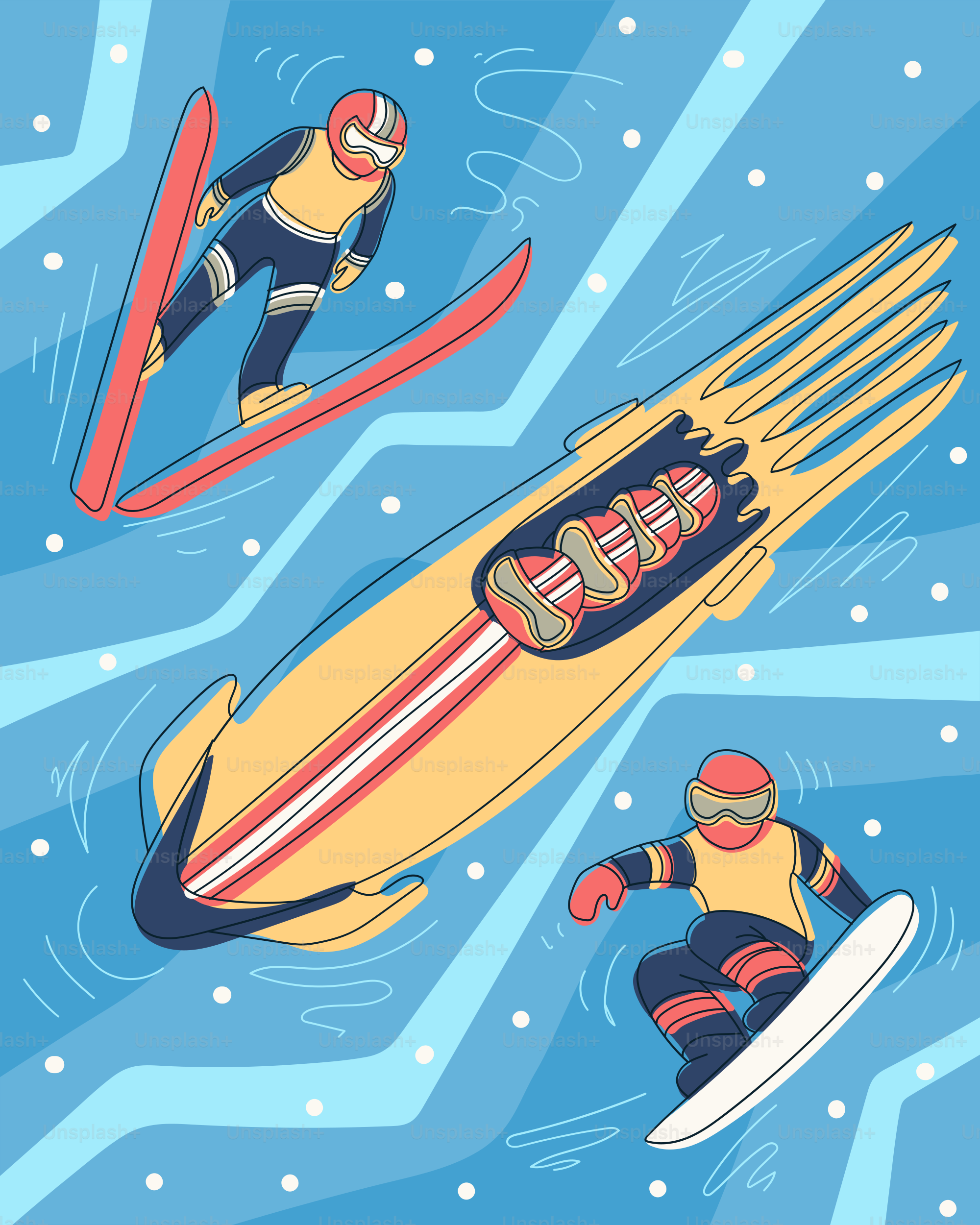 Pemain ski dan snowboarder berlomba menuruni lereng es.