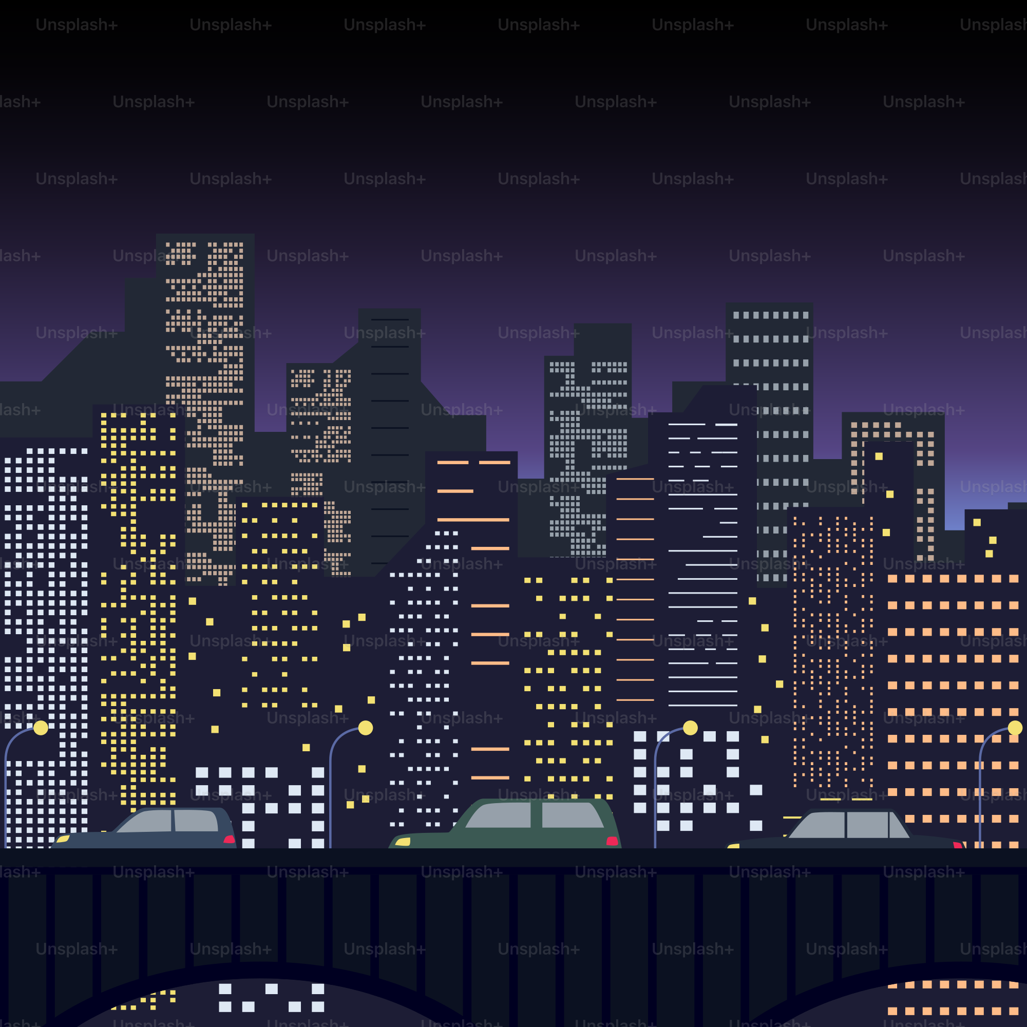 Paisaje urbano con edificios iluminados por la noche