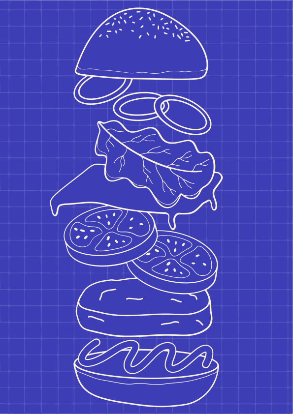 Vista explosiva de una hamburguesa sobre fondo azul de cuadrícula