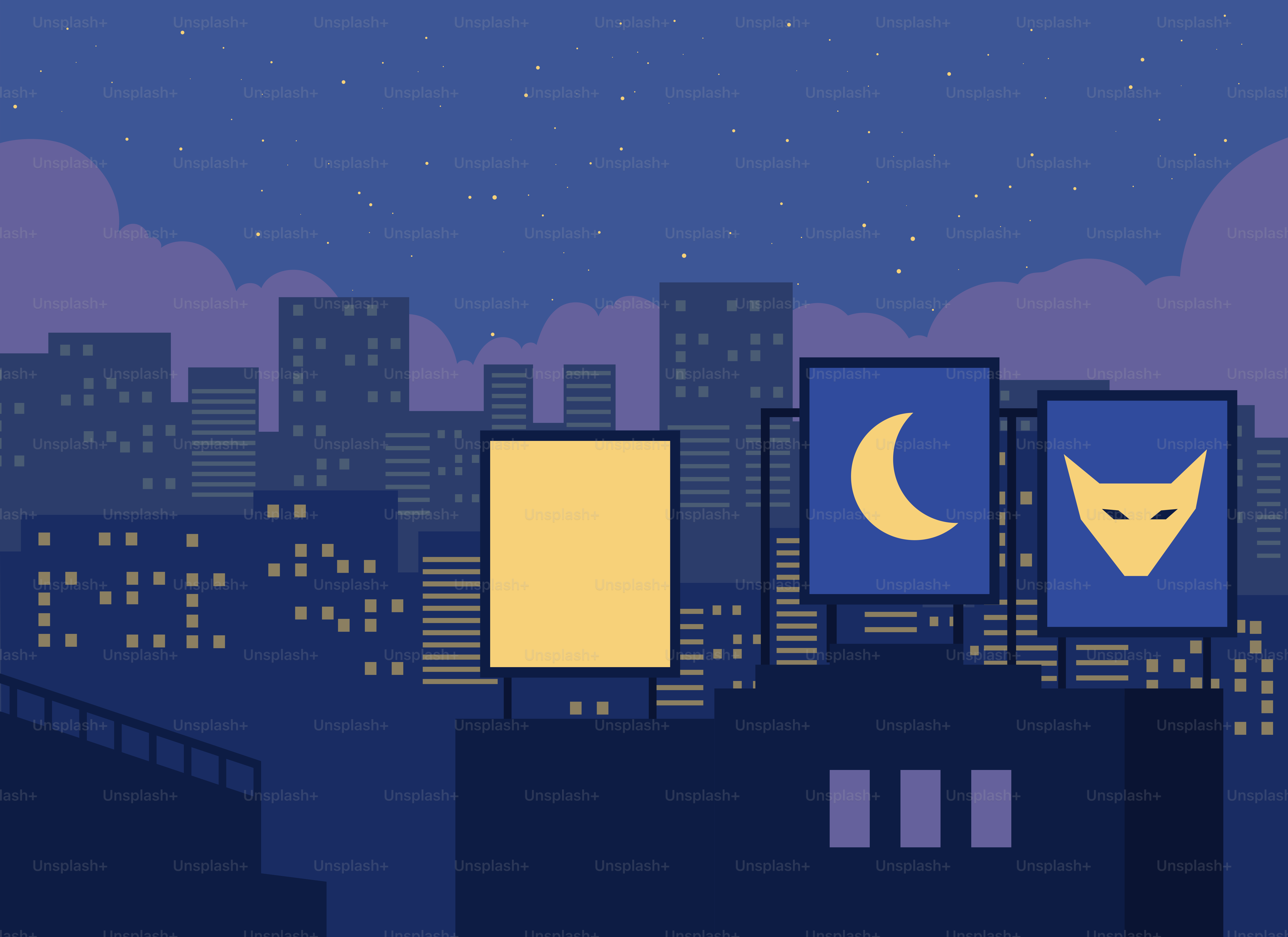 City skyline at night with three illuminated signs.