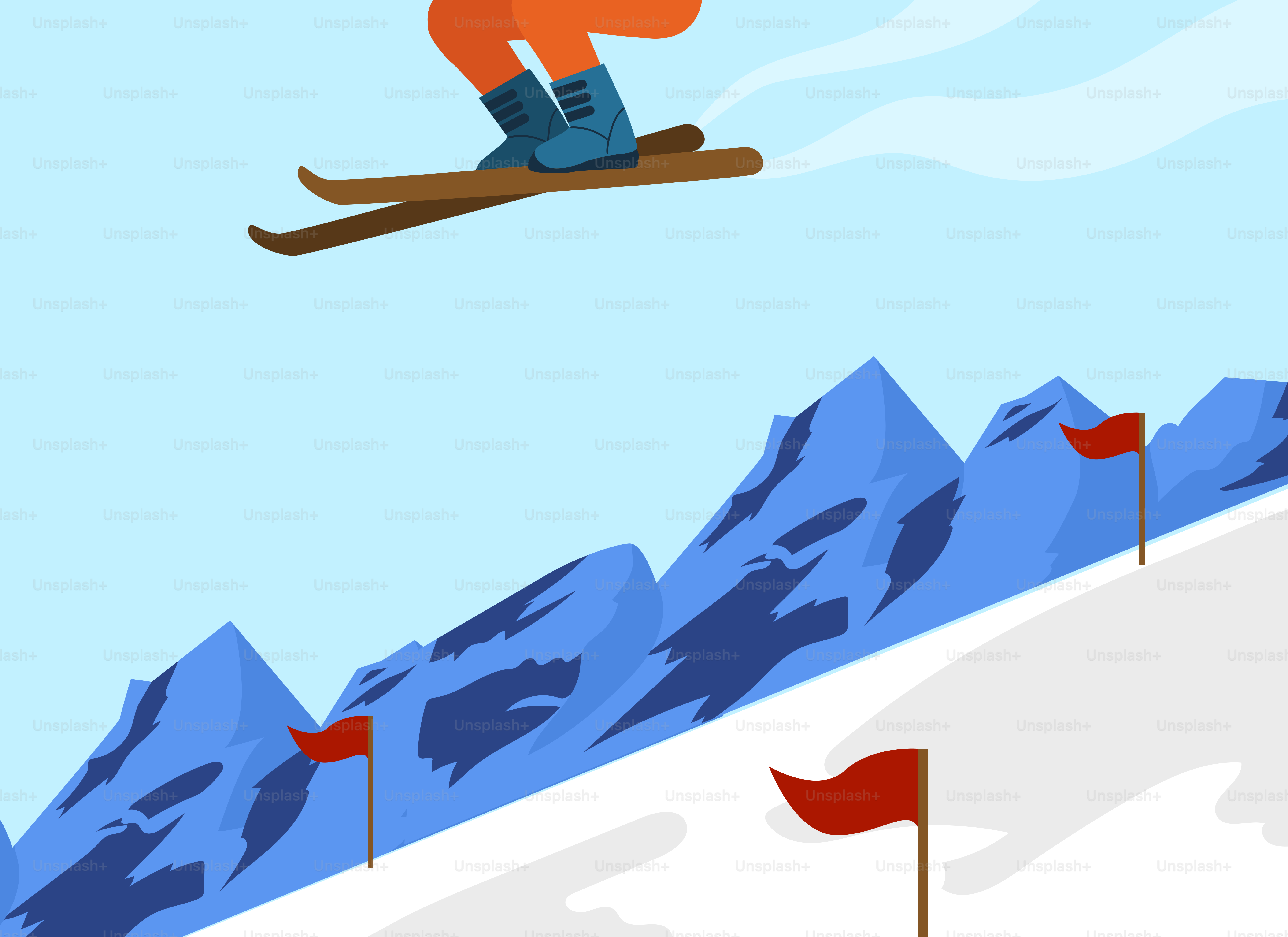 Skier jumping over snowy mountains with red flags