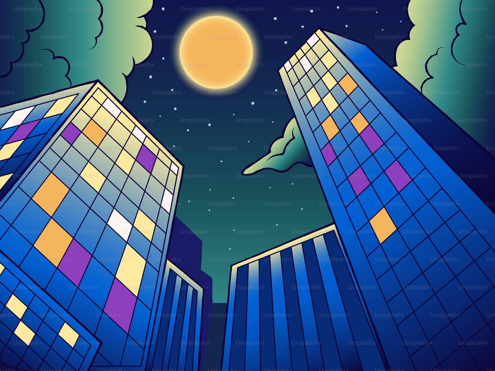 Skyscrapers lit up at night under a full moon
