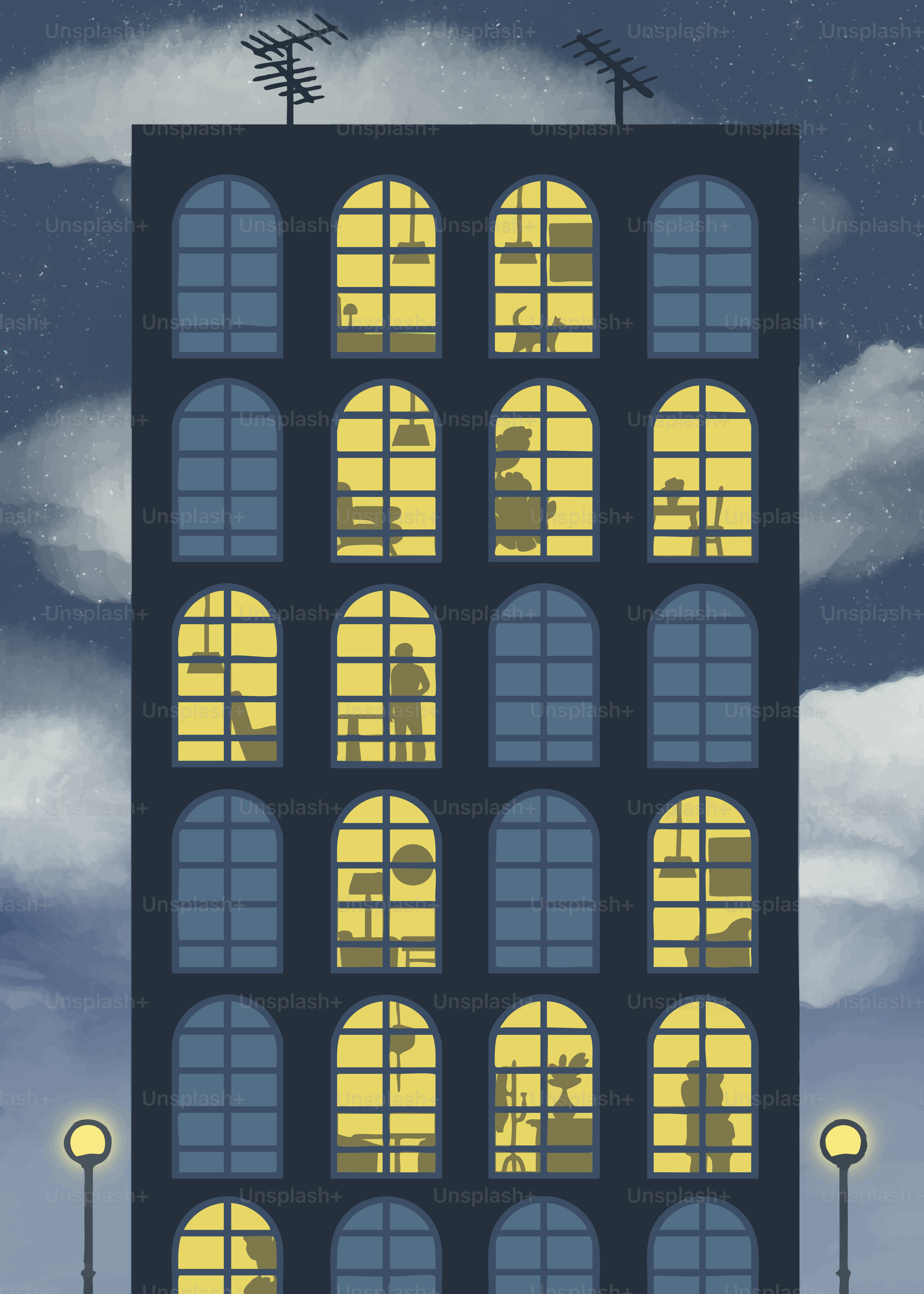 夜の高層ビルで、窓が明かりに照らされて活動が映し出されています