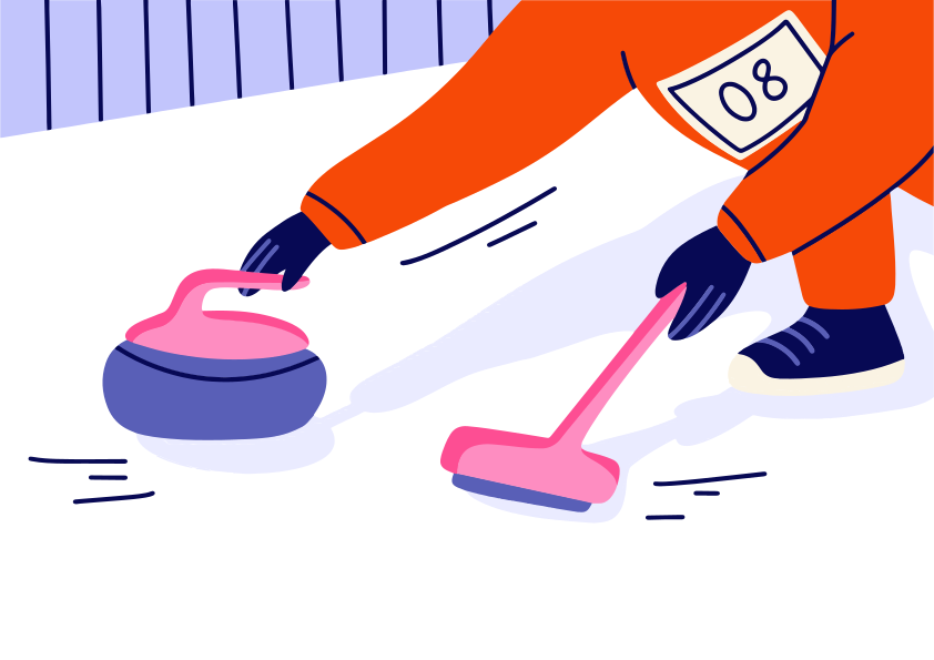 Person sweeping ice during a curling match.
