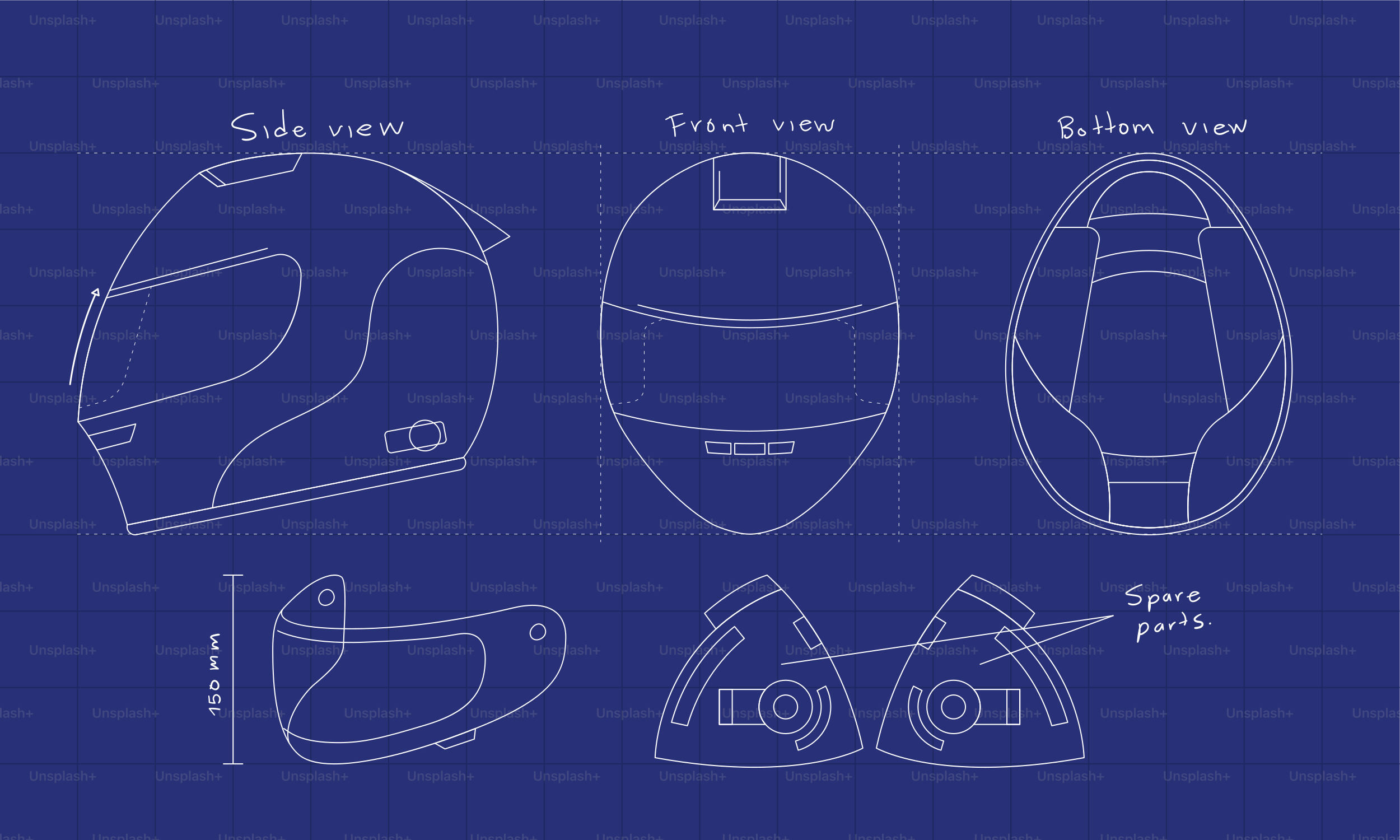 Blueprint of a motorcycle helmet with multiple views