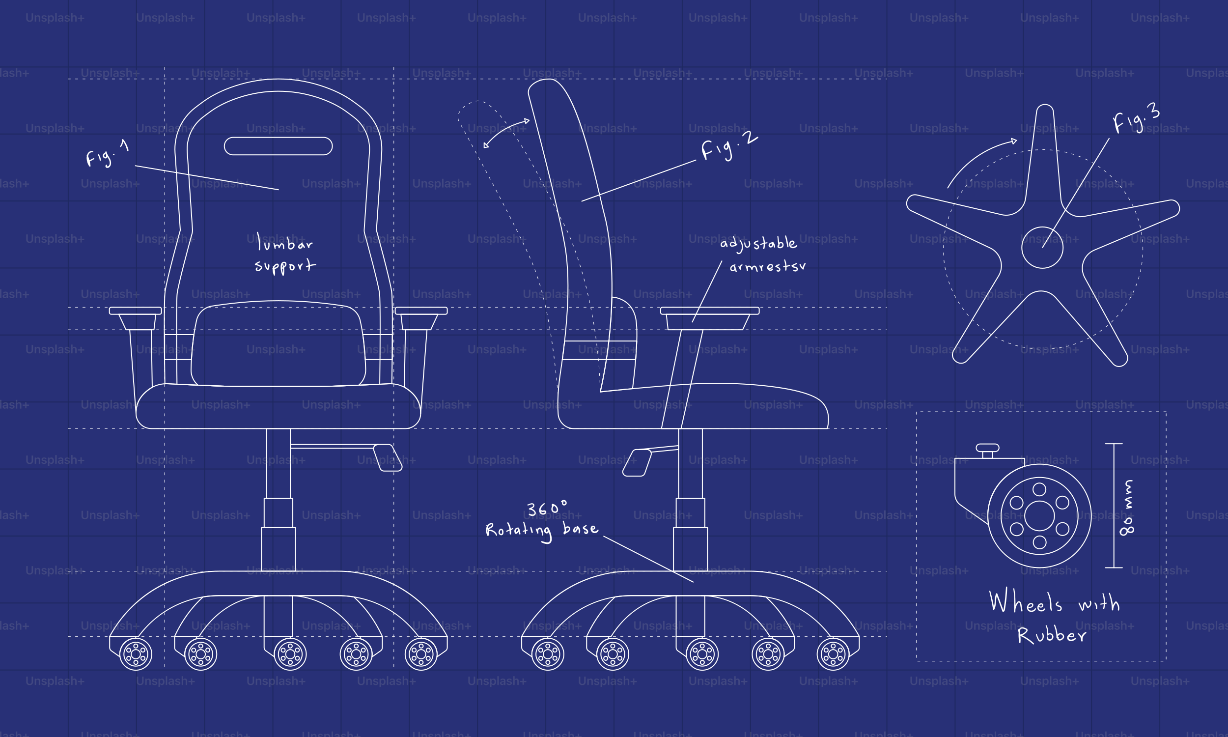 Blueprint of an office chair with labels