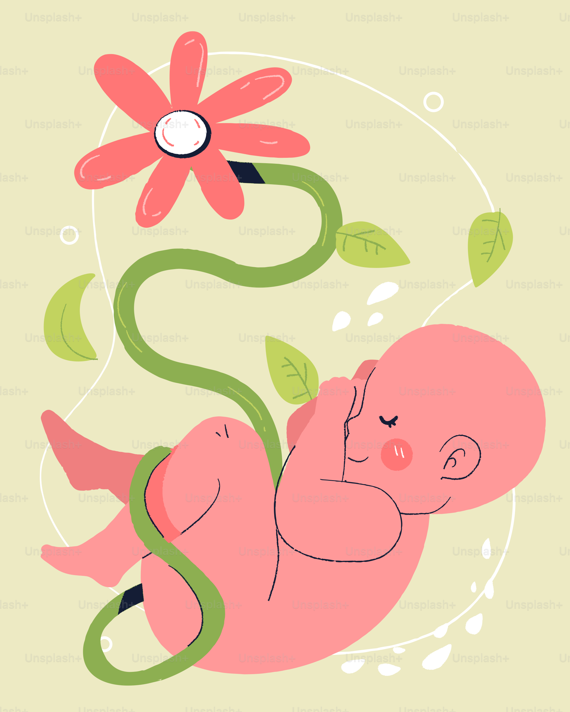 A baby fetus connected to a blooming flower.