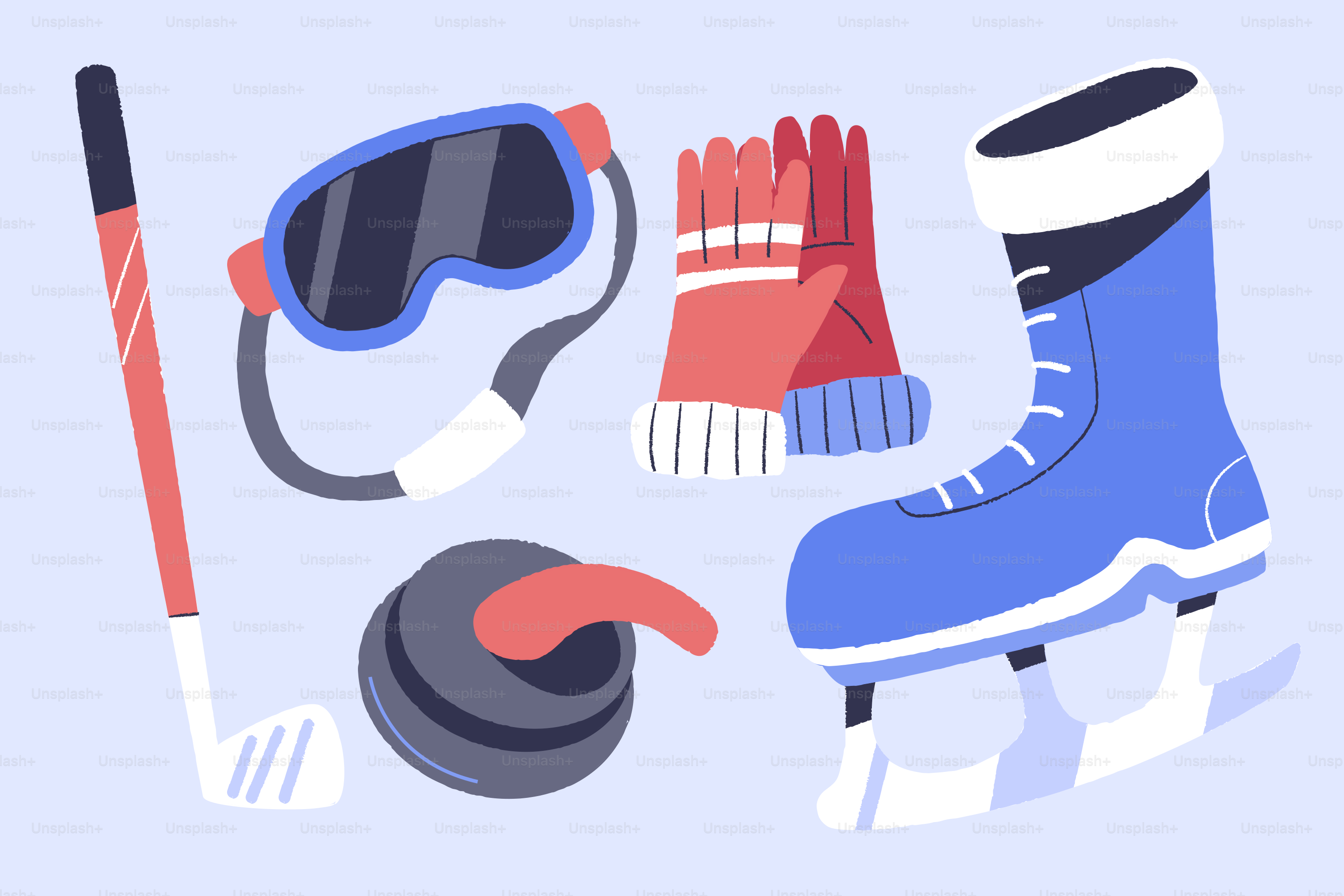 Équipements de sports d’hiver incluant patins, lunettes de protection et balai