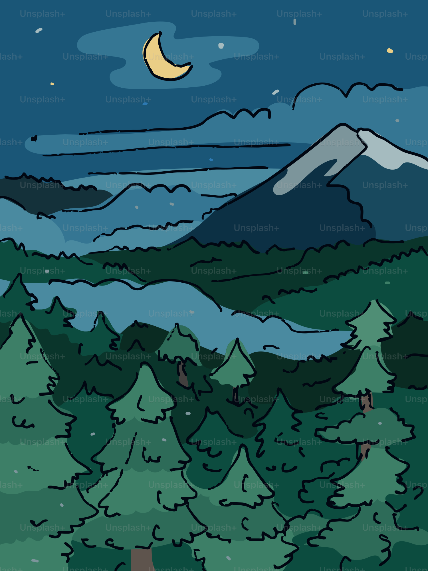 Un paysage forestier serein sous un croissant de lune.