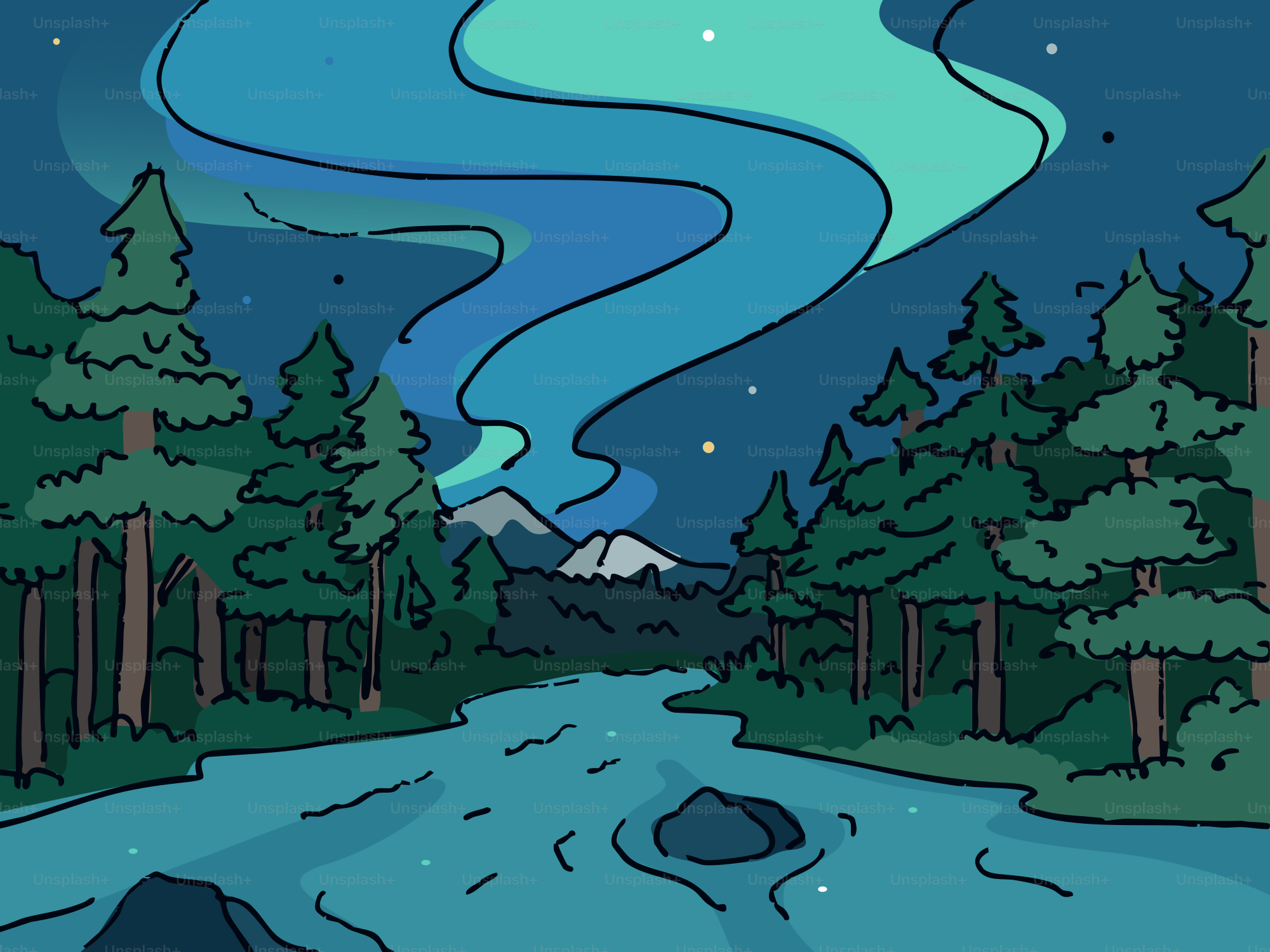 Aurora borealis over a forest and river vector – Forest Image on Unsplash