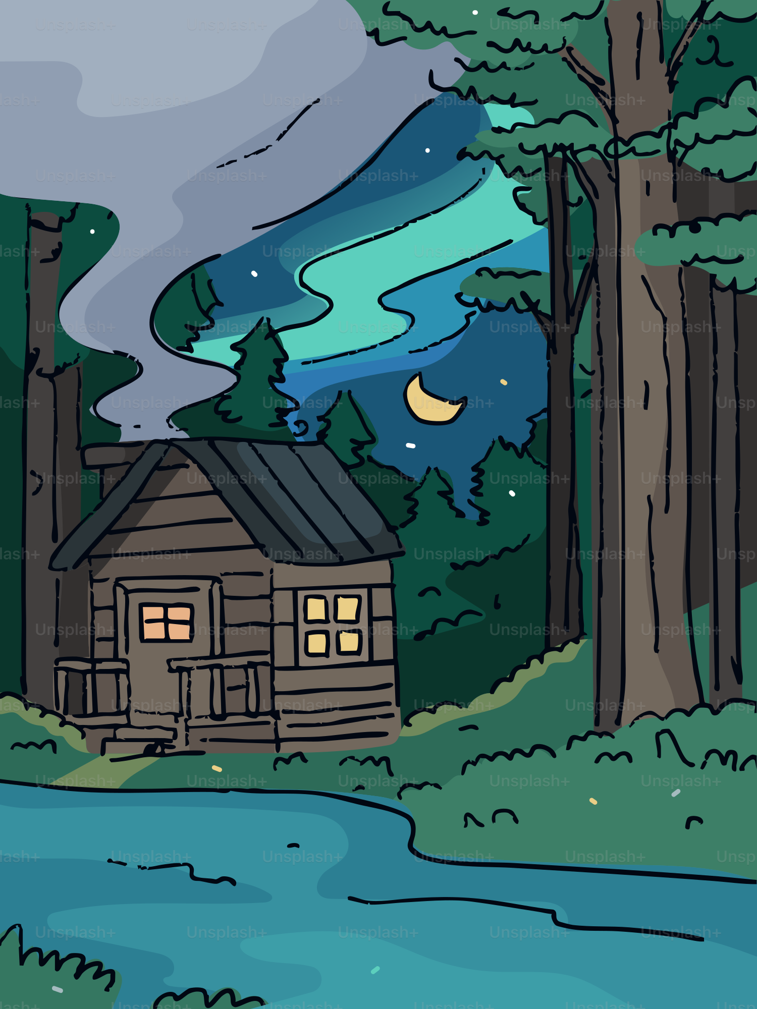 Une cabane douillette au bord d’une rivière sous l’aurore boréale.