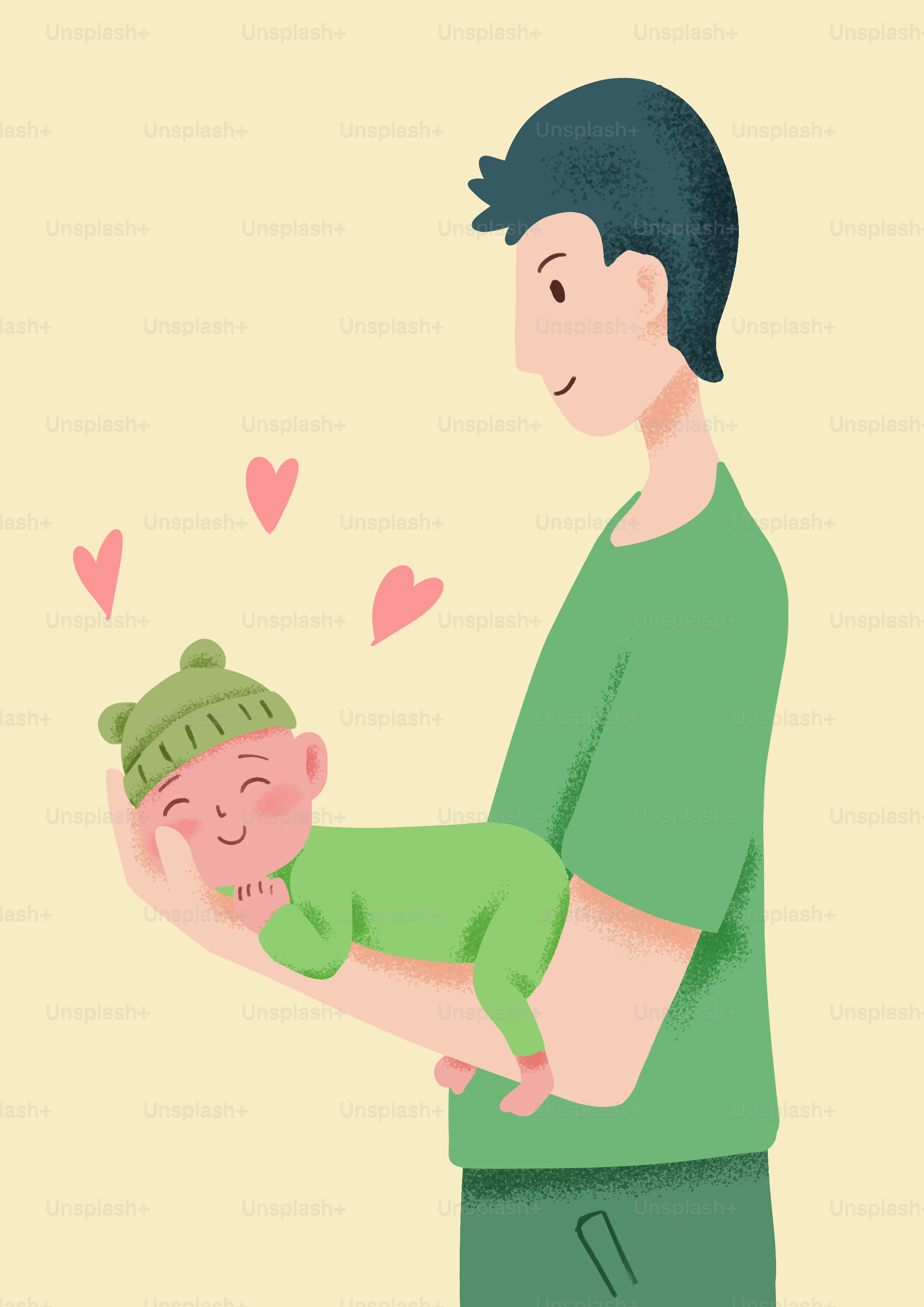 笑顔の赤ちゃんを腕に抱く父